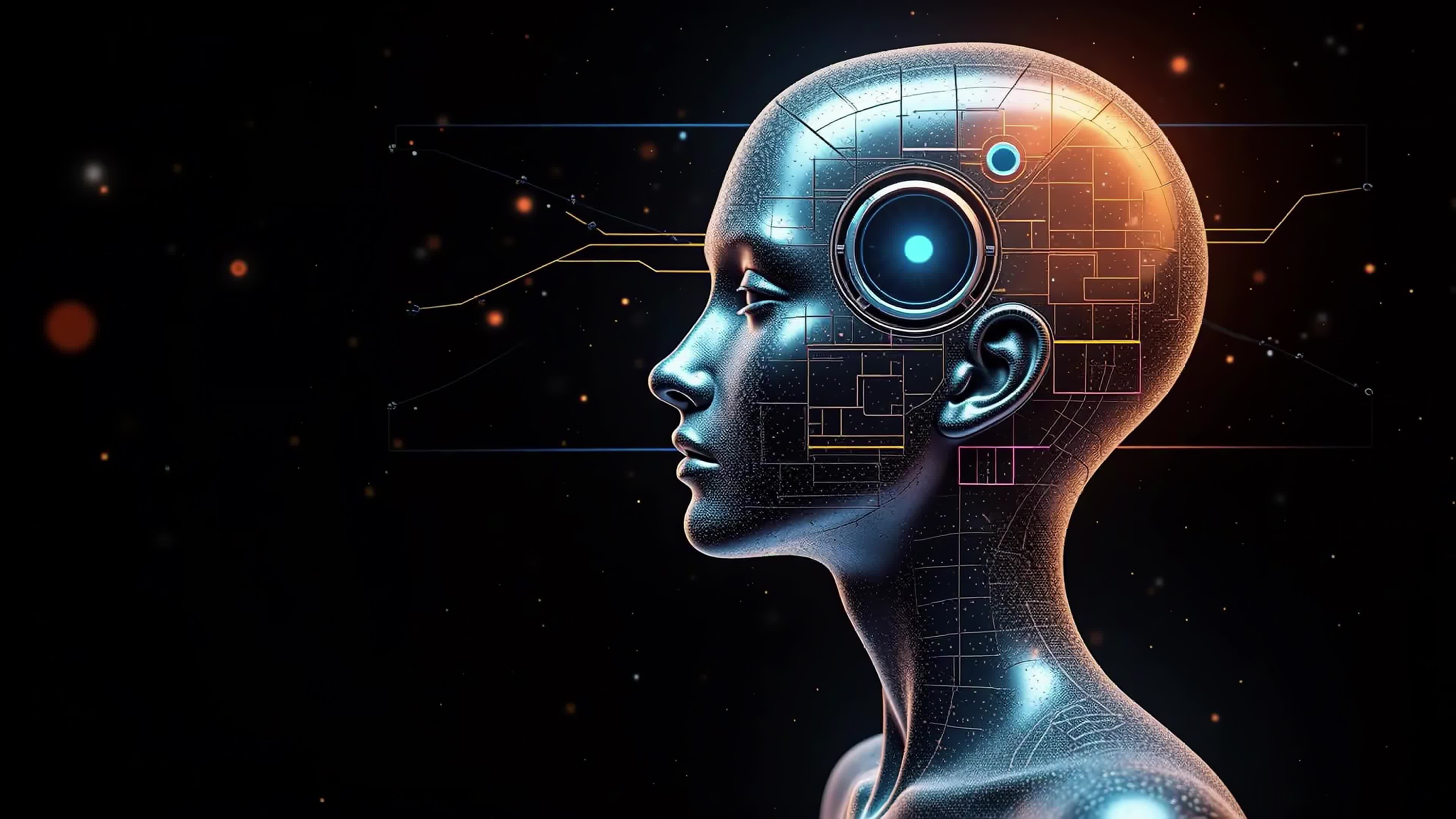 4K Video - Futuristic AI-human hybrid head surrounded by glowing circuits and stars, representing cutting-edge neuroscience and artificial intelligence convergence.