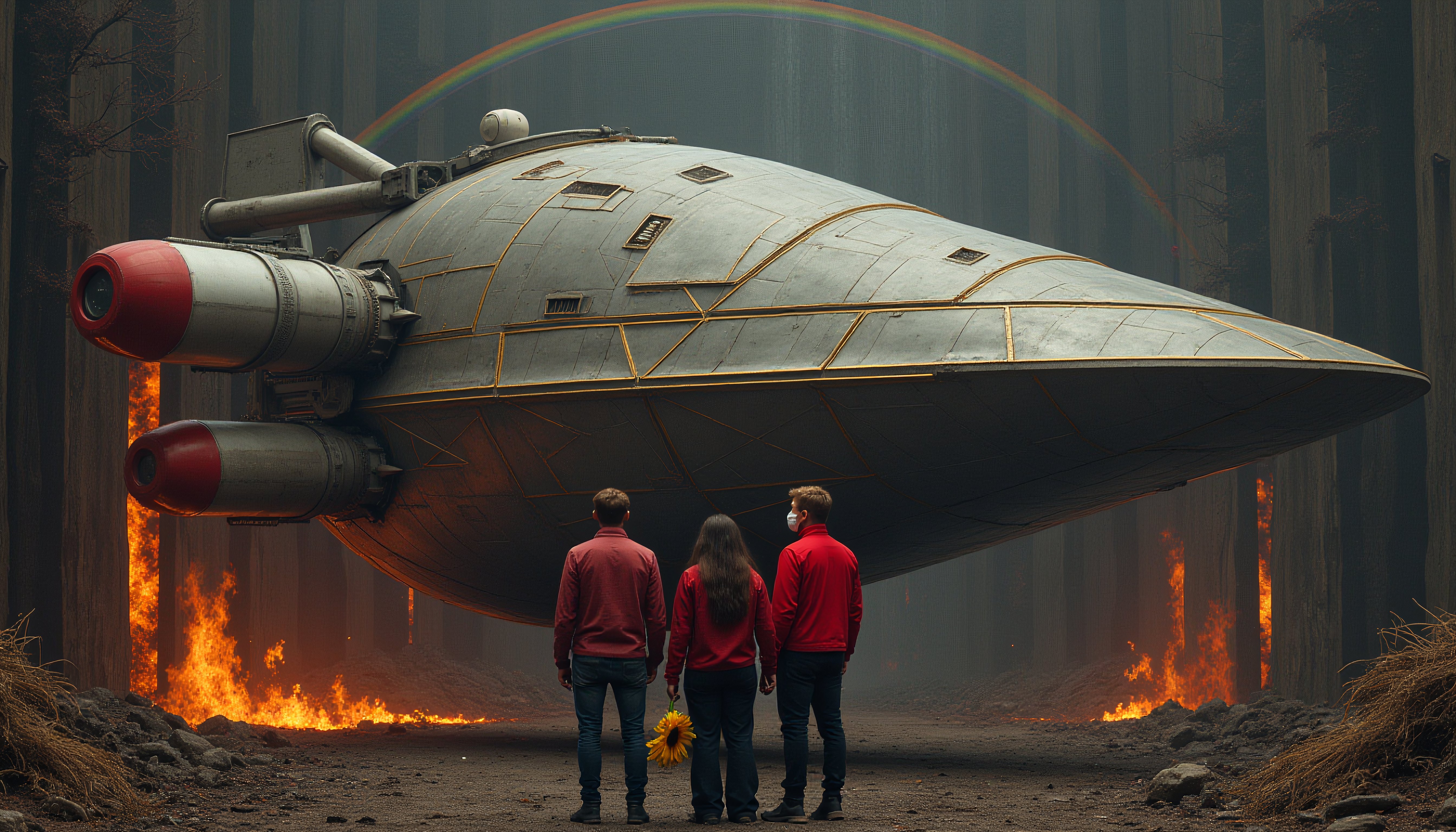 Alien Spaceship in Fiery Forest with Rainbow and Three Observers