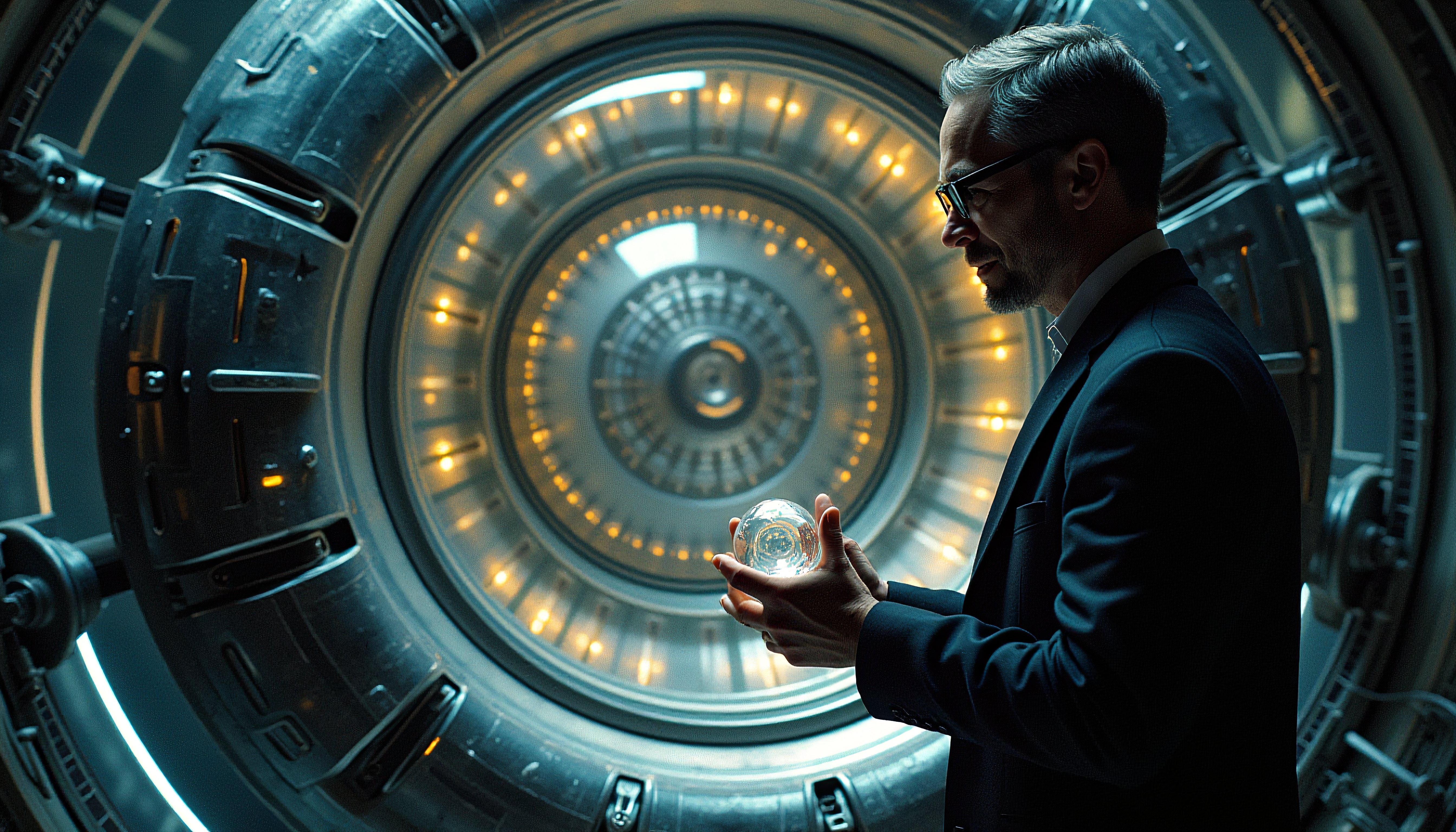 Man Examining Crystal Orb in Futuristic Chamber