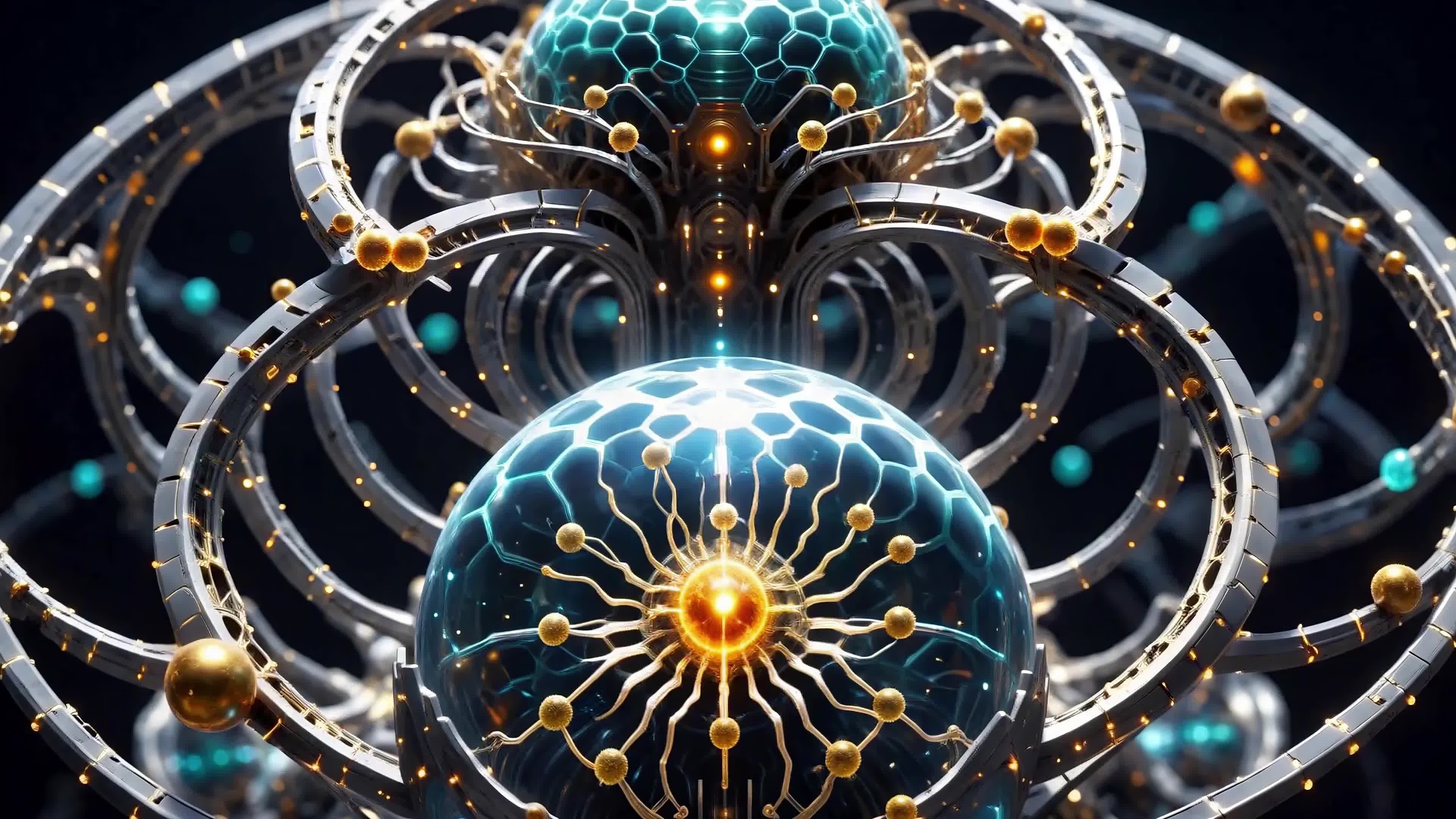 4K Video - Glowing orbital energy spheres floating amidst cosmic starfield with intricate tech design.