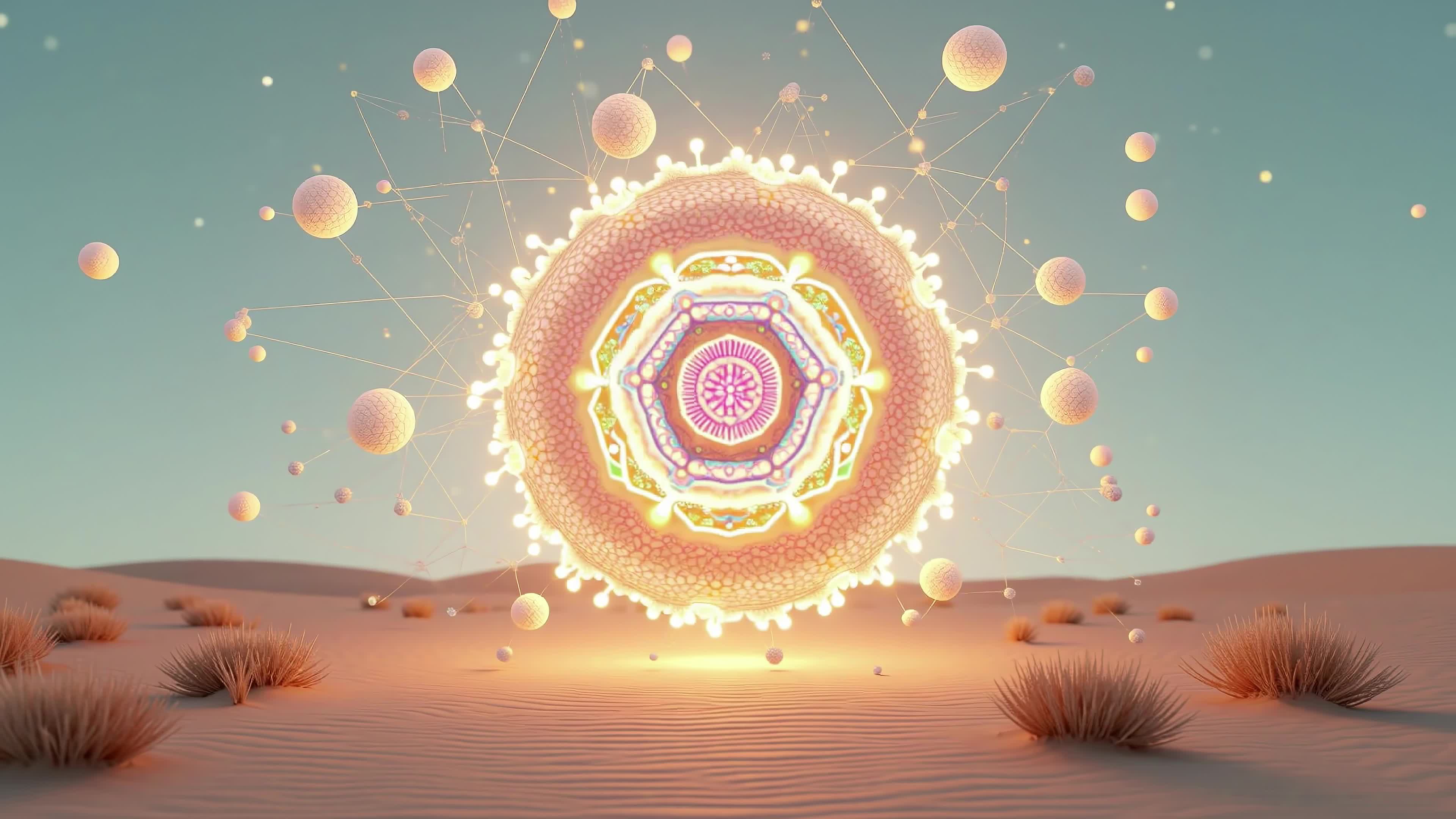 4K Video - Glowing cosmic mandala hovering over sandy desert during golden hour with sparkling particle effects.