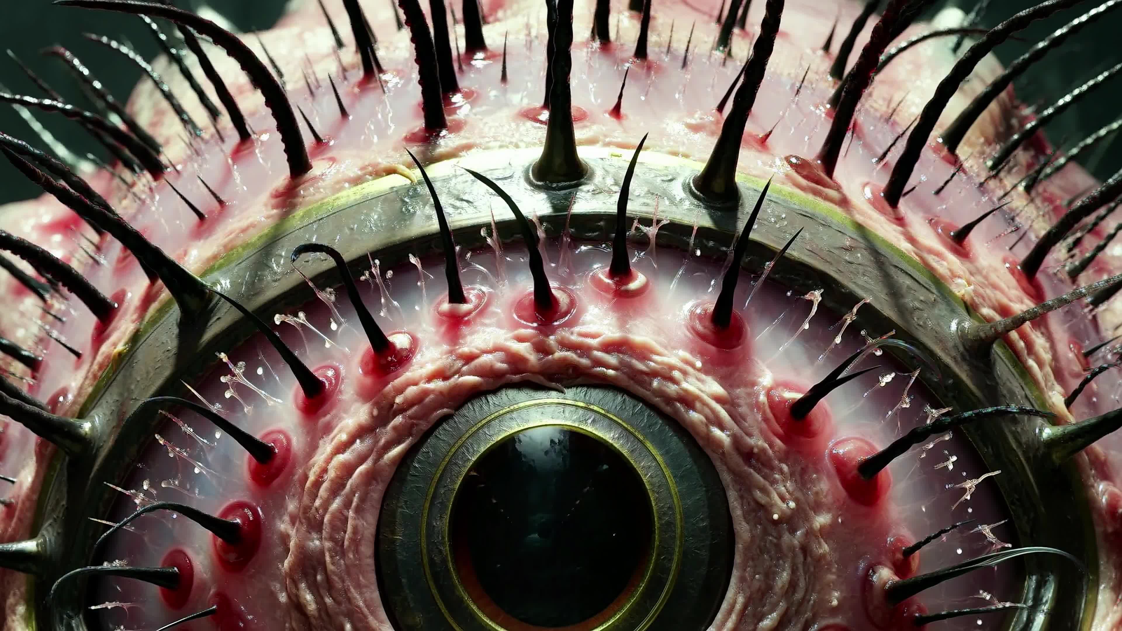4K Video - Alien biomech eye surrounded by bloody spikes reflecting monstrous maw in cosmic horror video.