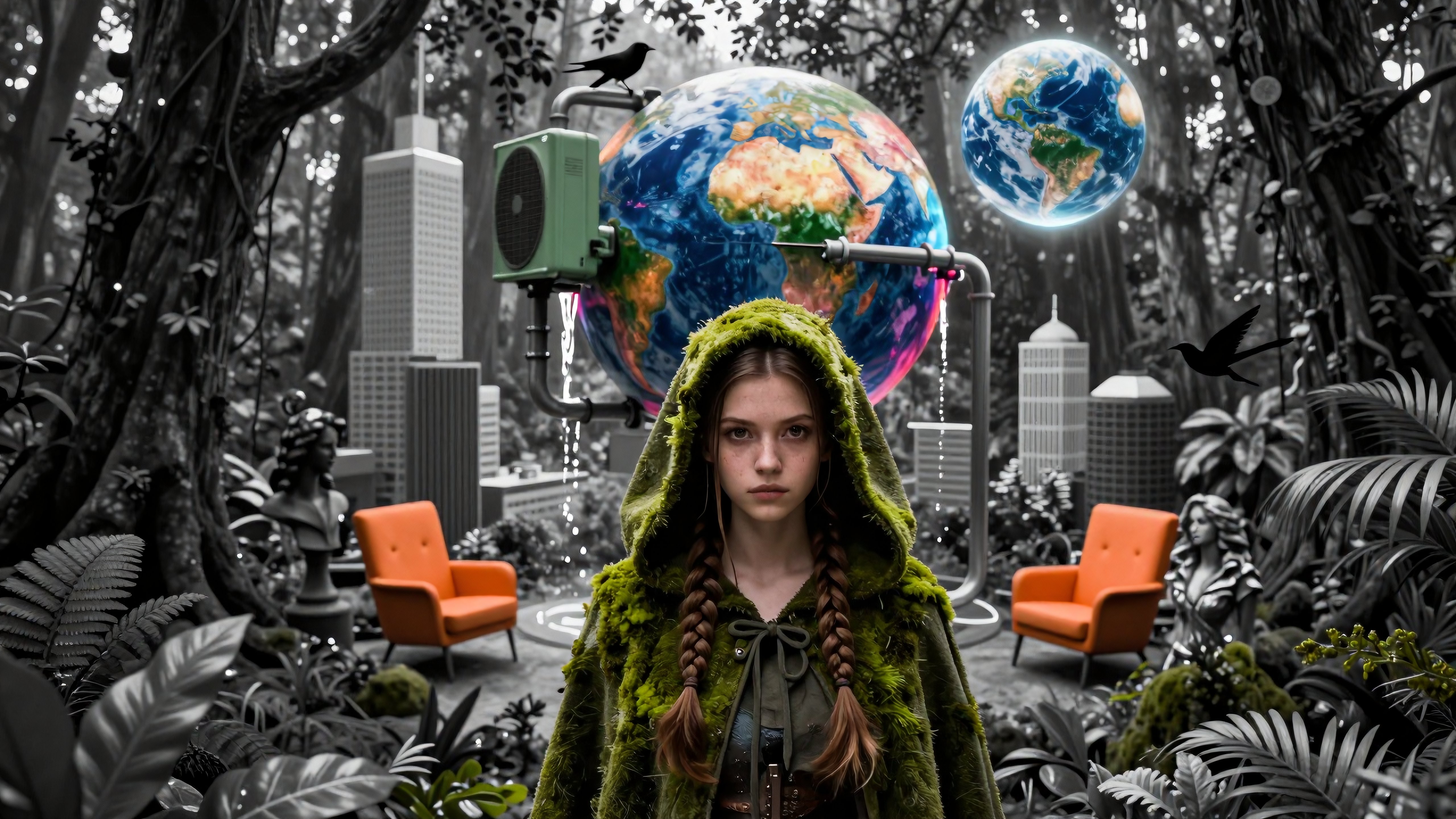 Moss-Cloaked Girl in Surreal Forest with Floating Earths and Urban Ruins