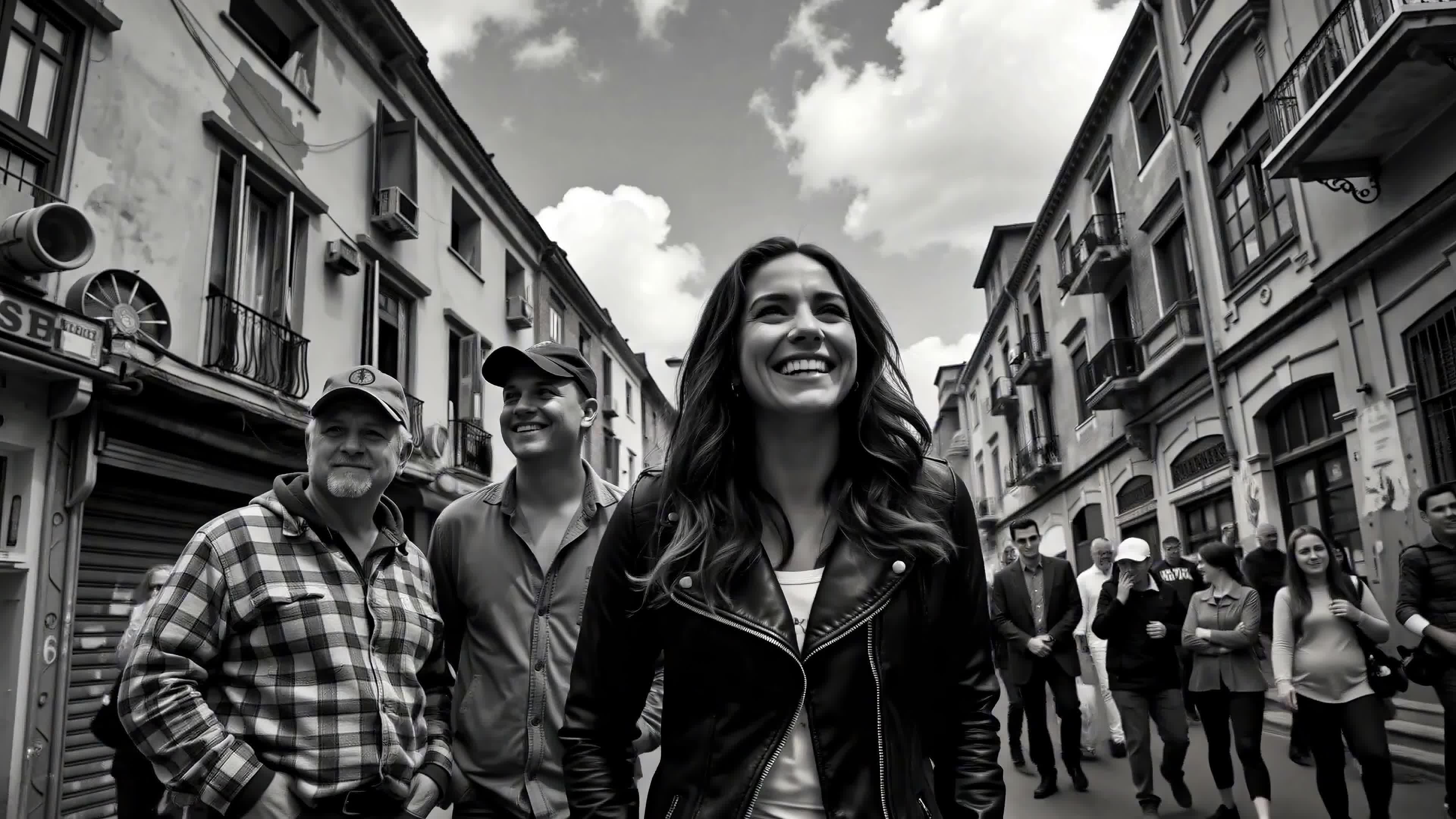 4K Video - A joyful group laughing together on cobblestoned streets beneath dramatic sunlight.