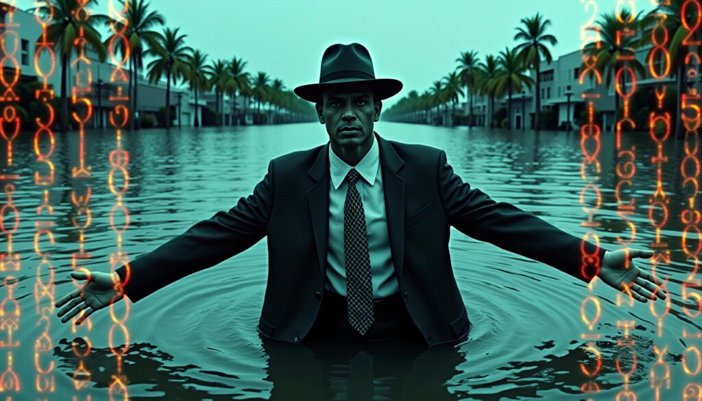 Man in Suit Standing in Flooded Street with Digital Rain