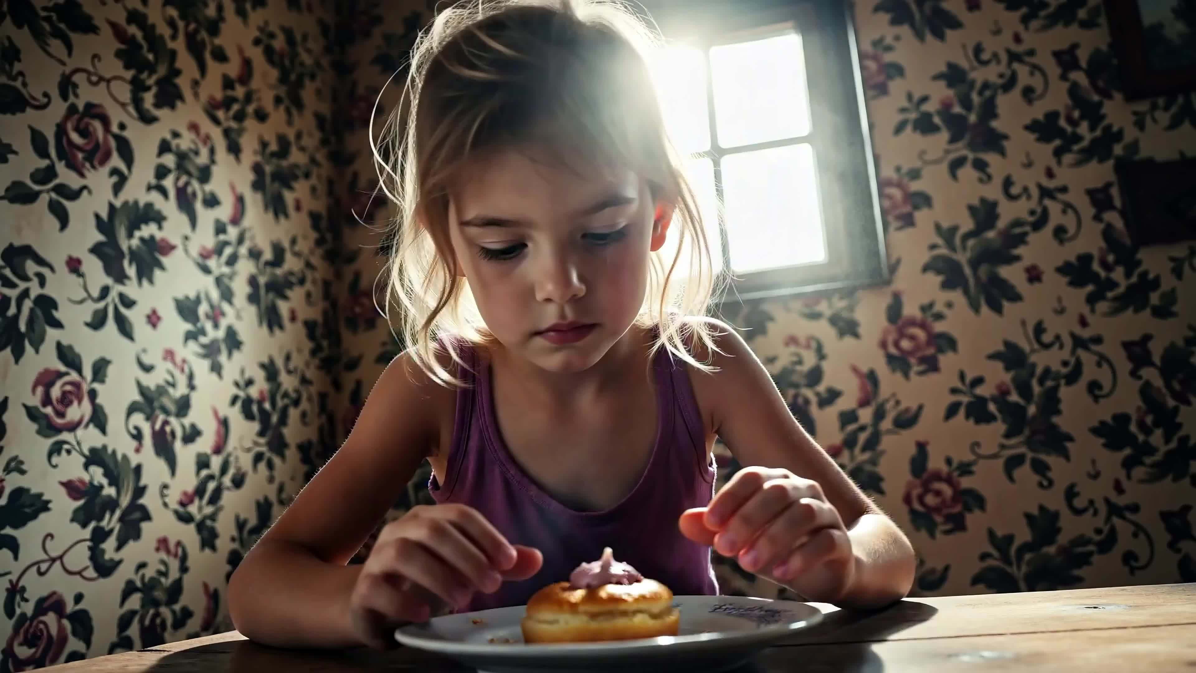 4K Video - A young girl with tousled blonde hair sits bathed in golden sunlight, her focus entirely on devouring a sugary pastry before her.