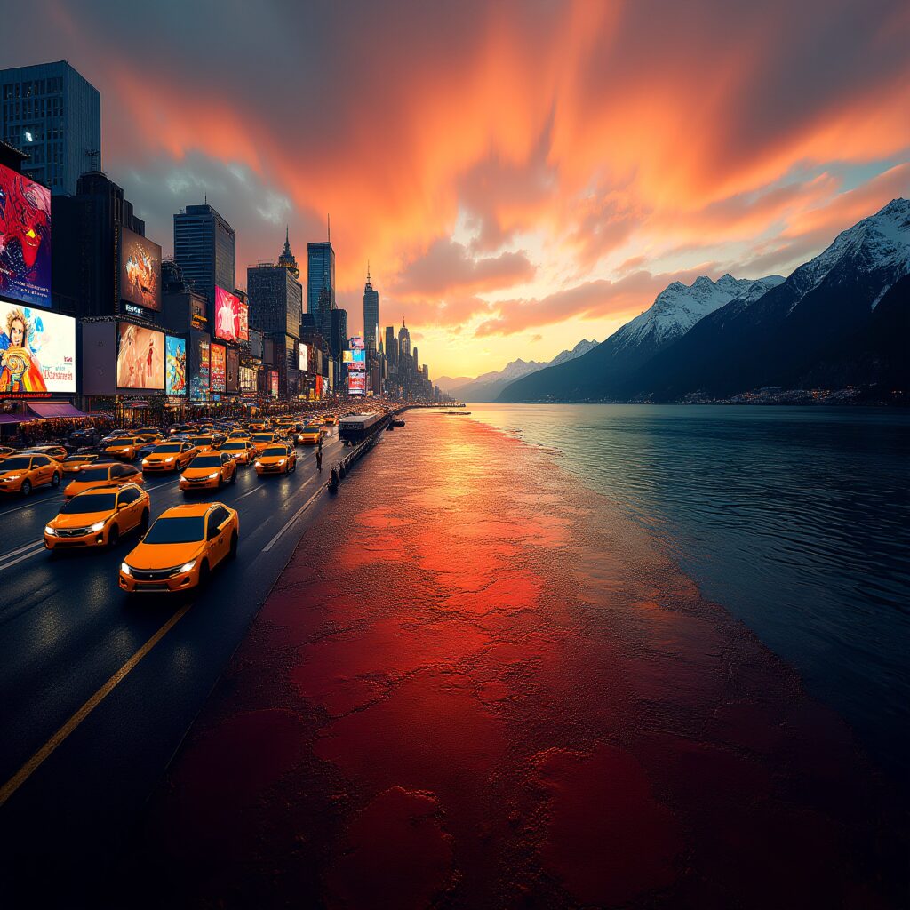 Futuristic Cityscape at Sunset with Yellow Taxis and Snowy Mountains