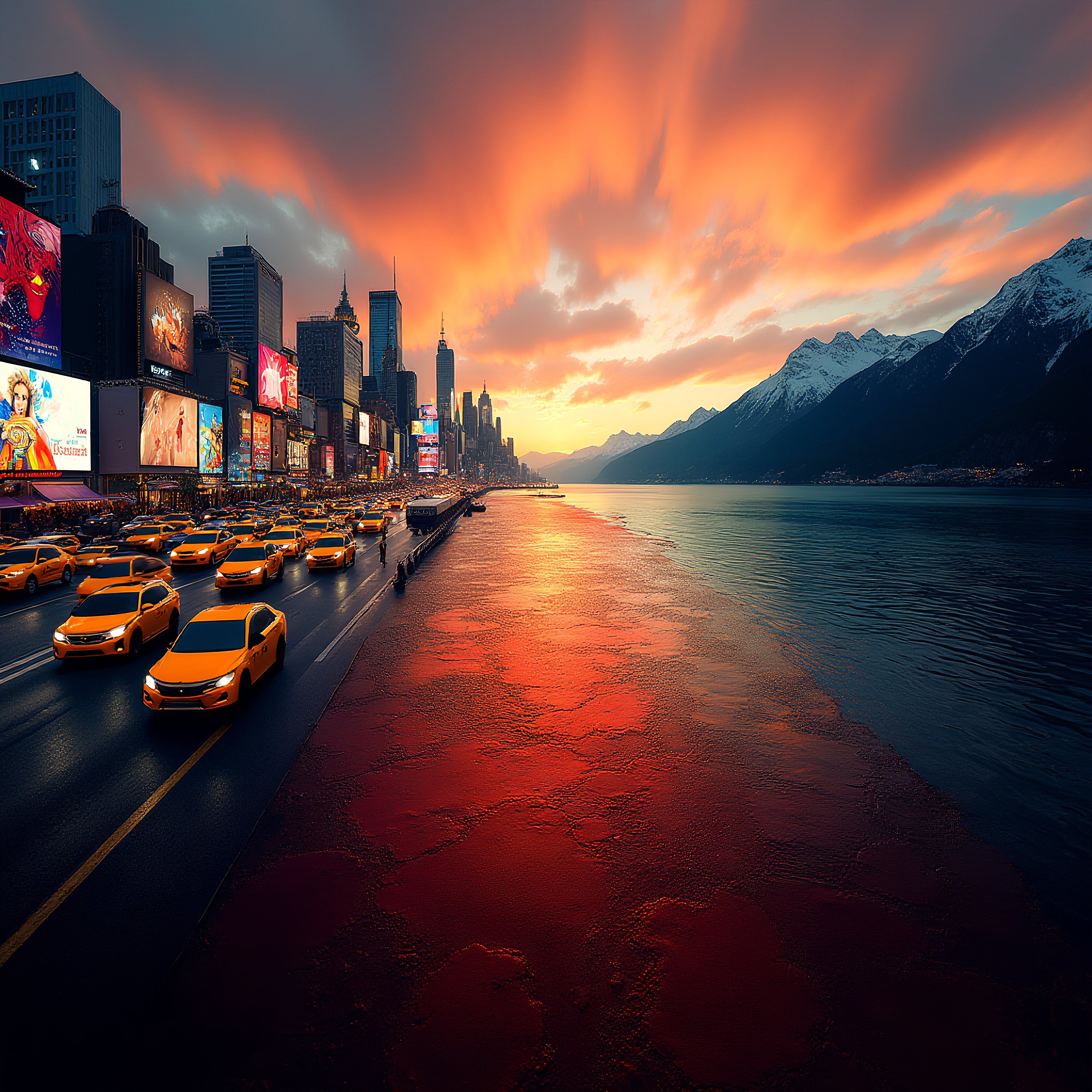Futuristic Cityscape at Sunset with Yellow Taxis and Snowy Mountains