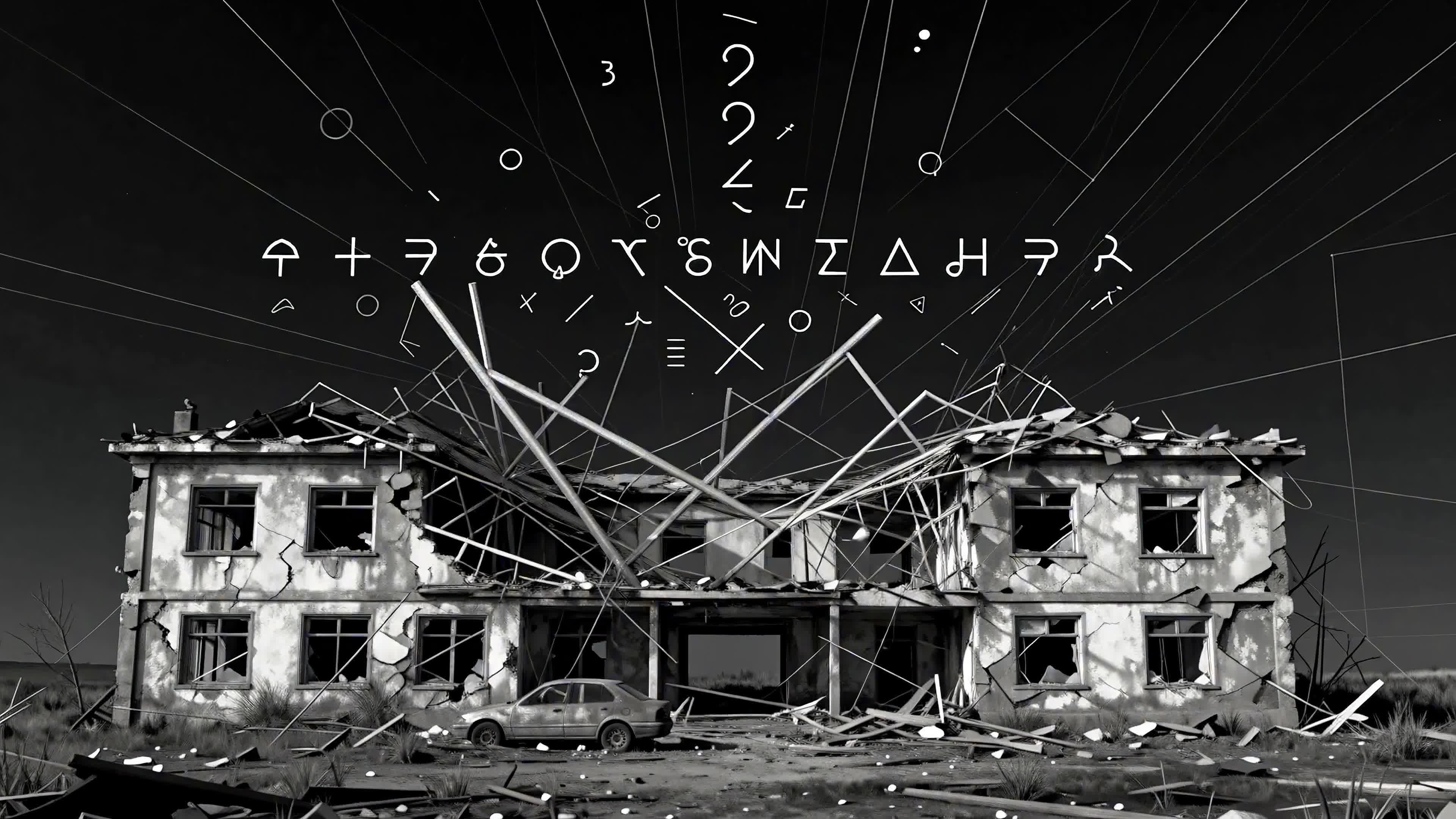 4K Video - Abandoned mansion collapses amid swirling math symbols and smoke—surreal, dystopian, cinematic black & white visualization.