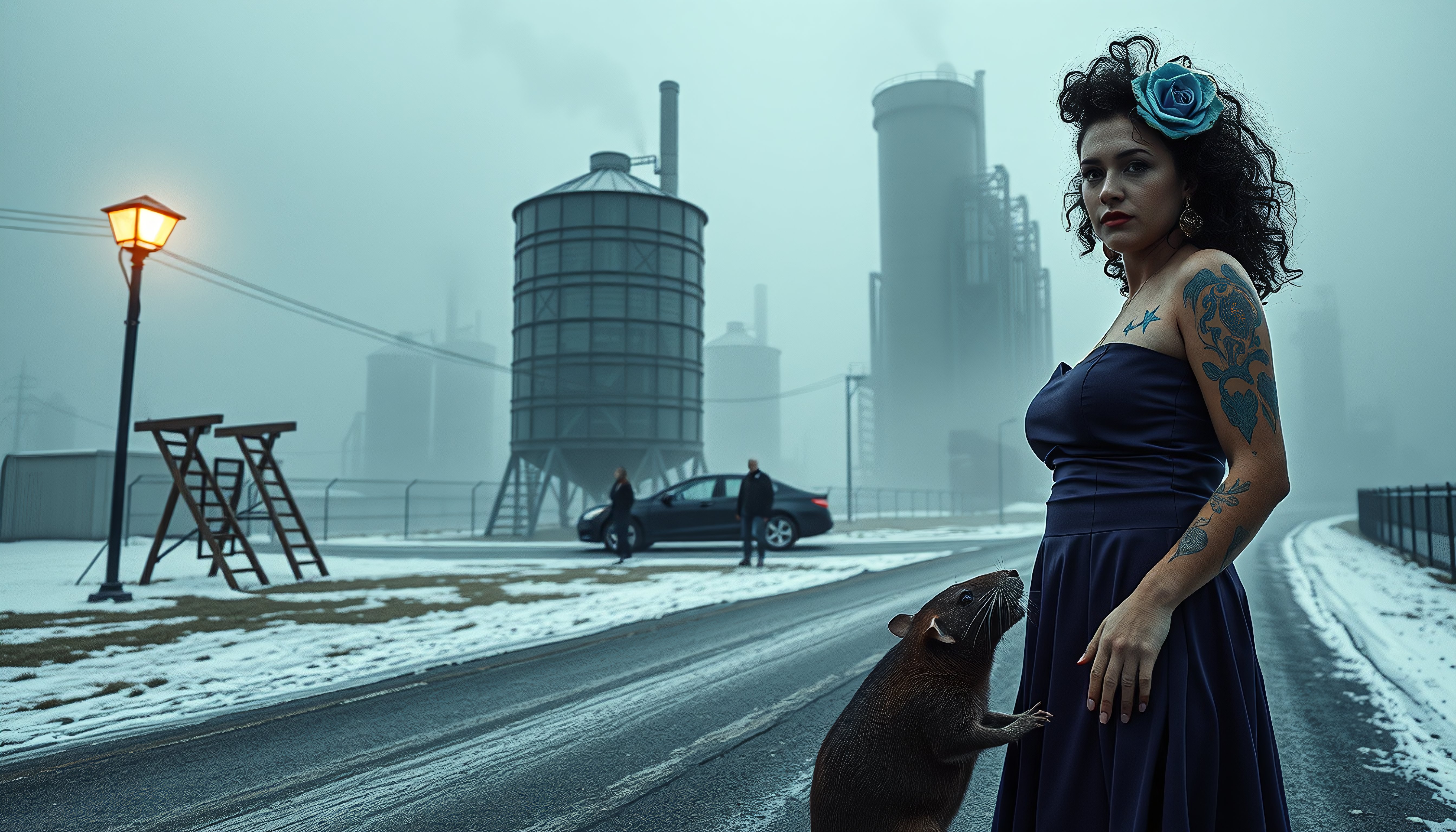 Mysterious Woman with Rat in Industrial Winter Scene