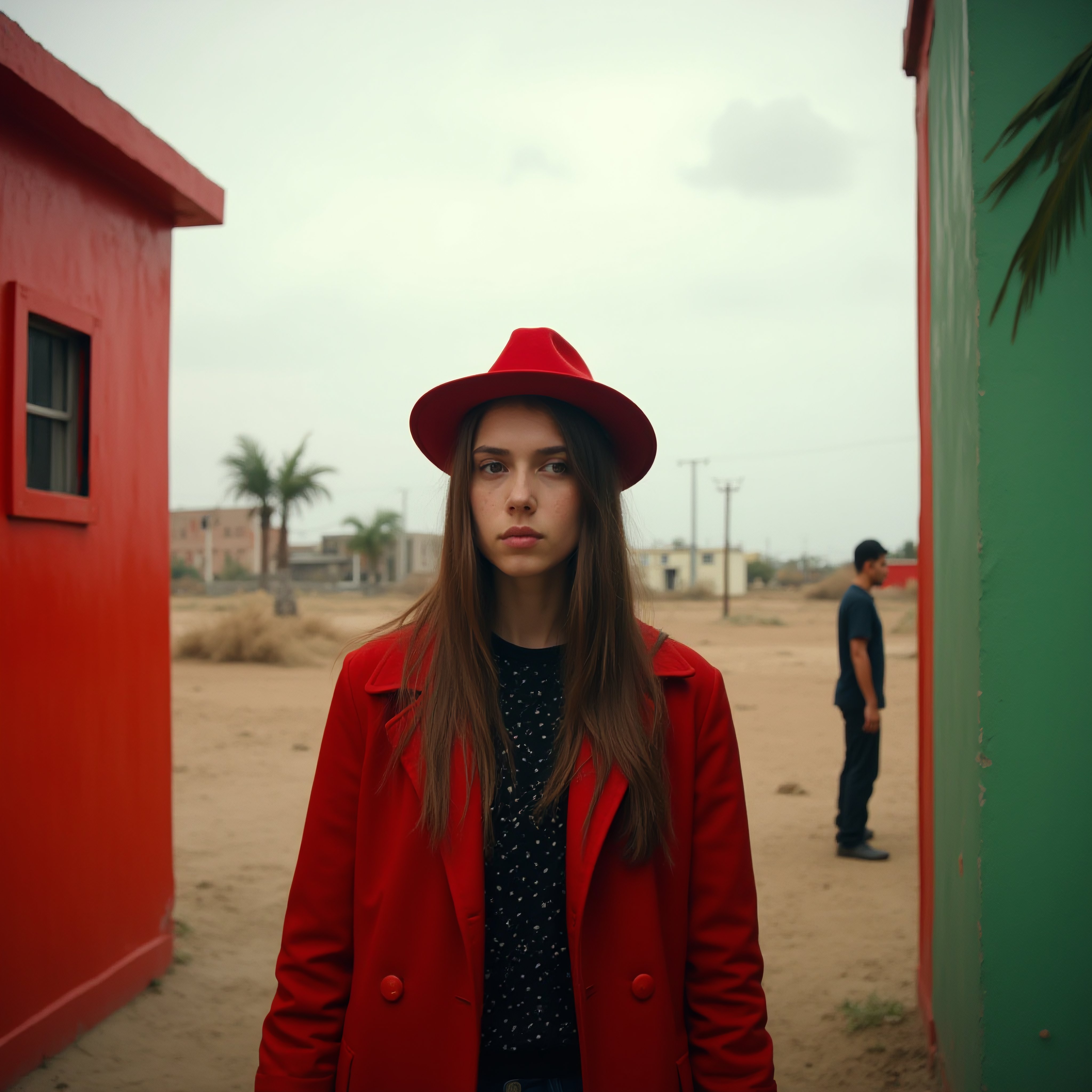 Woman in Red Hat and Coat Standing Between Colorful Buildings