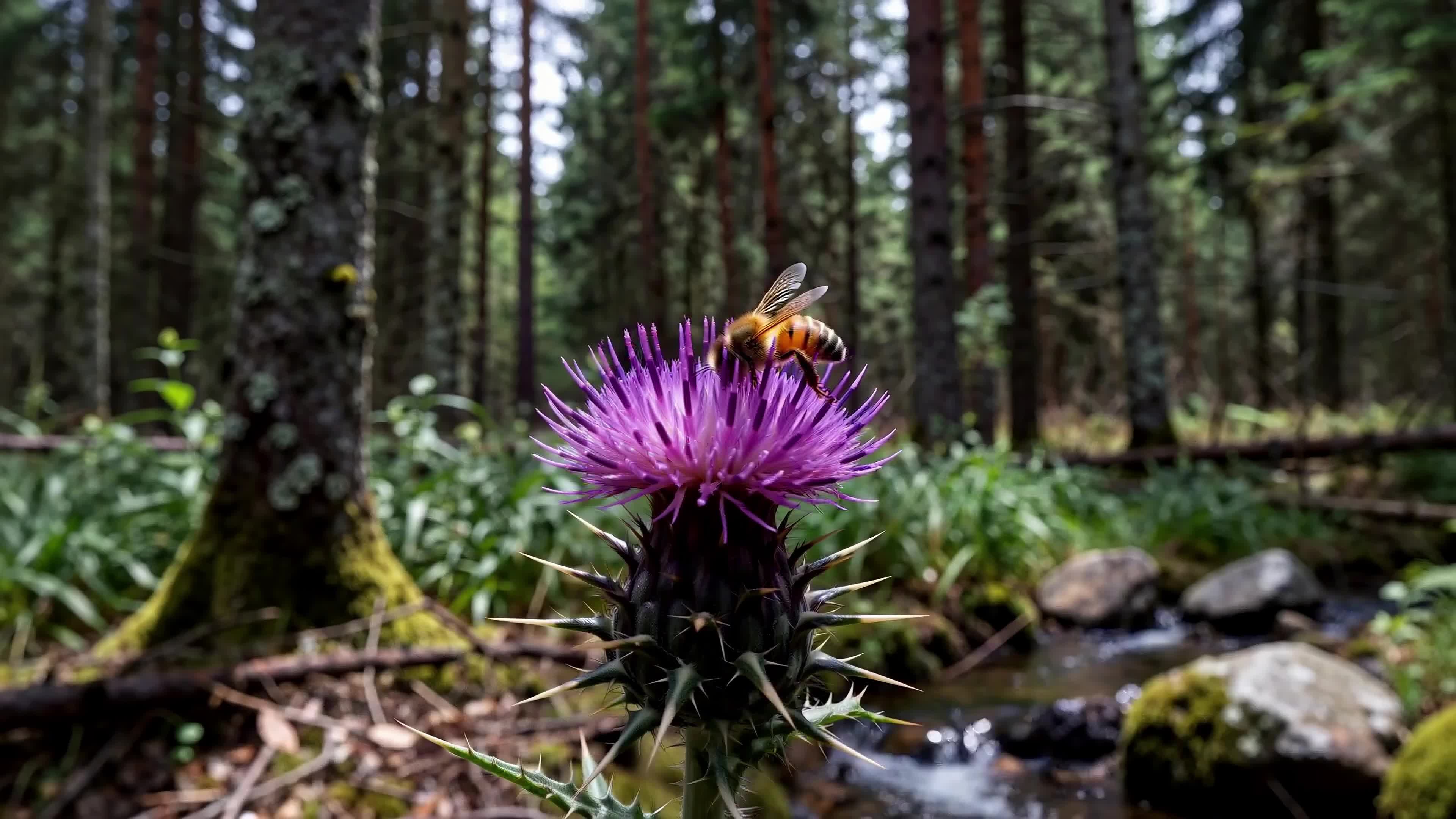 4K Video - Honeybee collecting nectar from purple thistle amidst lush forest undergrowth near flowing stream.