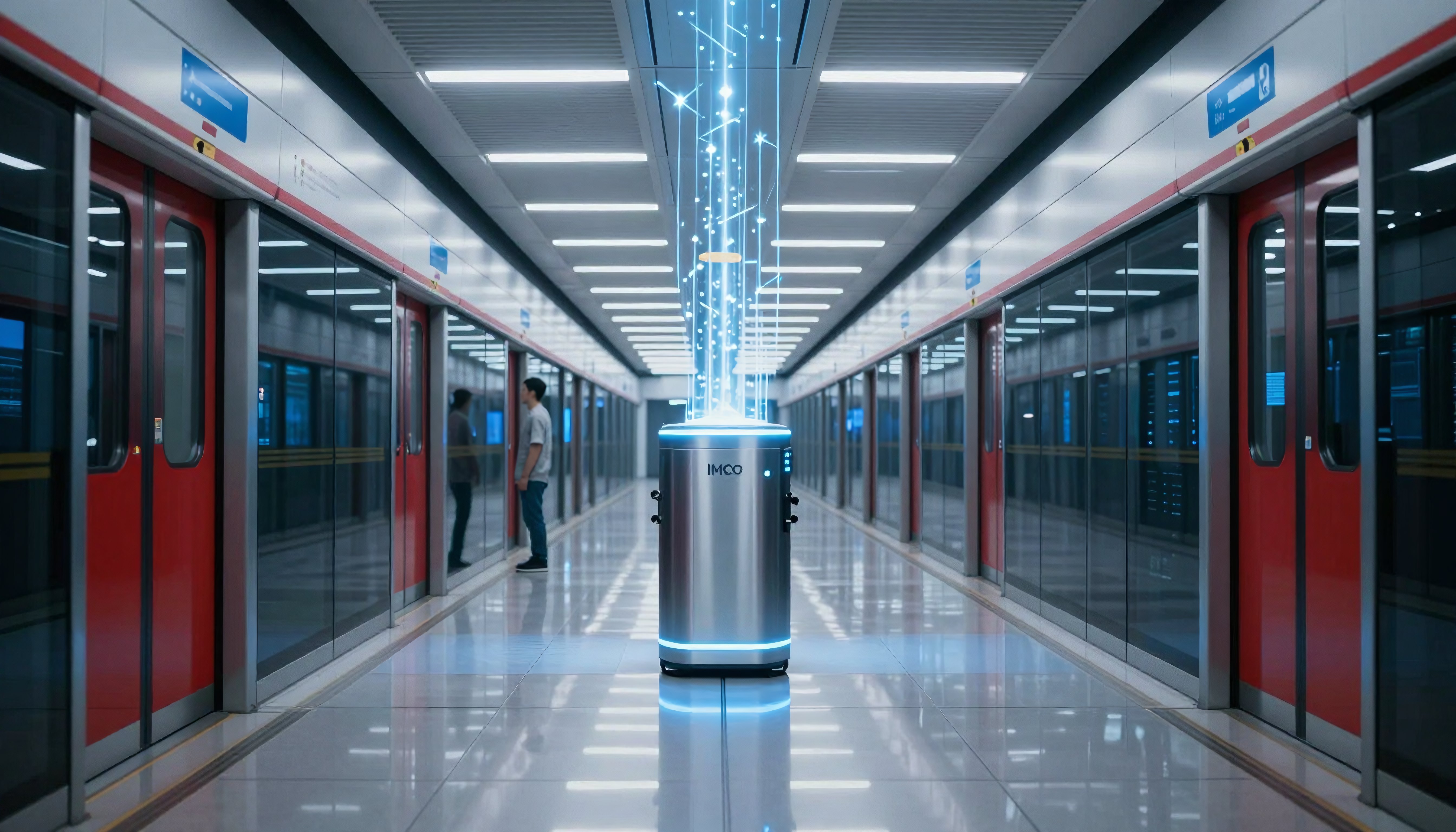Futuristic Robot in Modern Subway Station