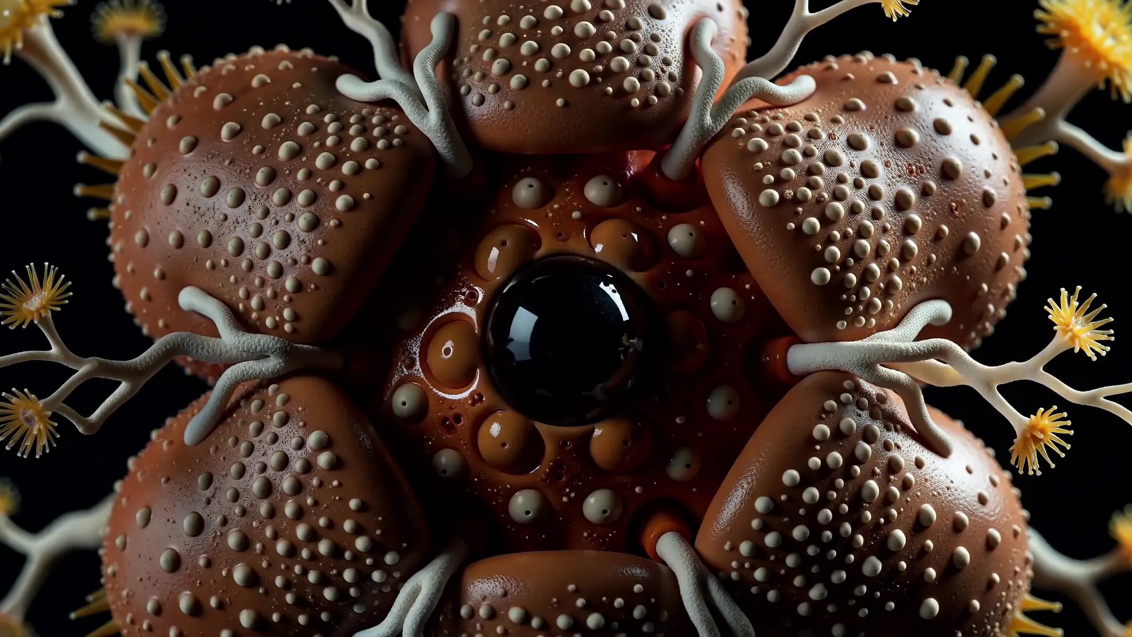 4K Video - Alien floral creature with amber tones, intricate textures, spherical center, glowing details, sci-fi aesthetic.