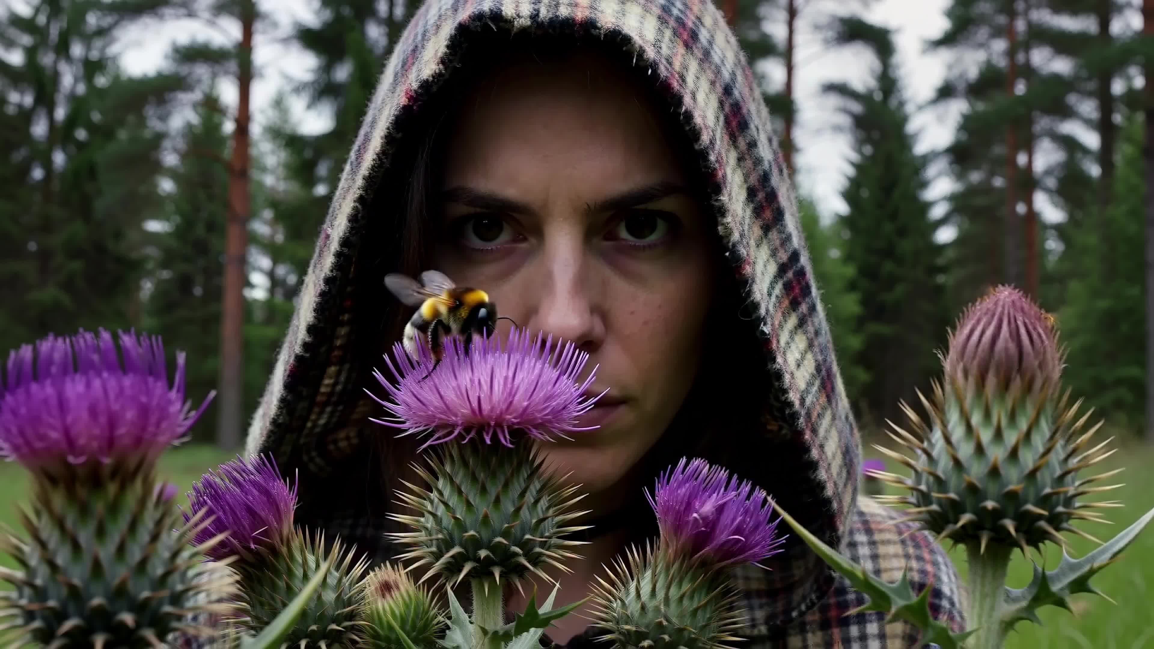 4K Video - Woman wearing plaid hoodie surrounded by vibrant purple thistles with bees flying near her face in dense forest setting.