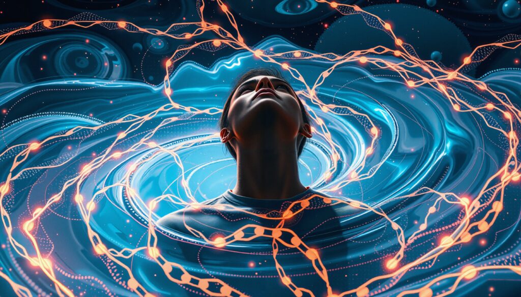 Neon Neural Network: Human Figure Surrounded by Glowing Digital Energy