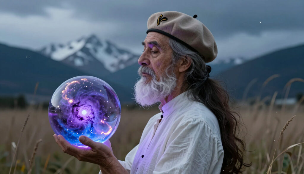 Elderly Man Holding a Glowing Galaxy Sphere in a Rural Mountain Setting