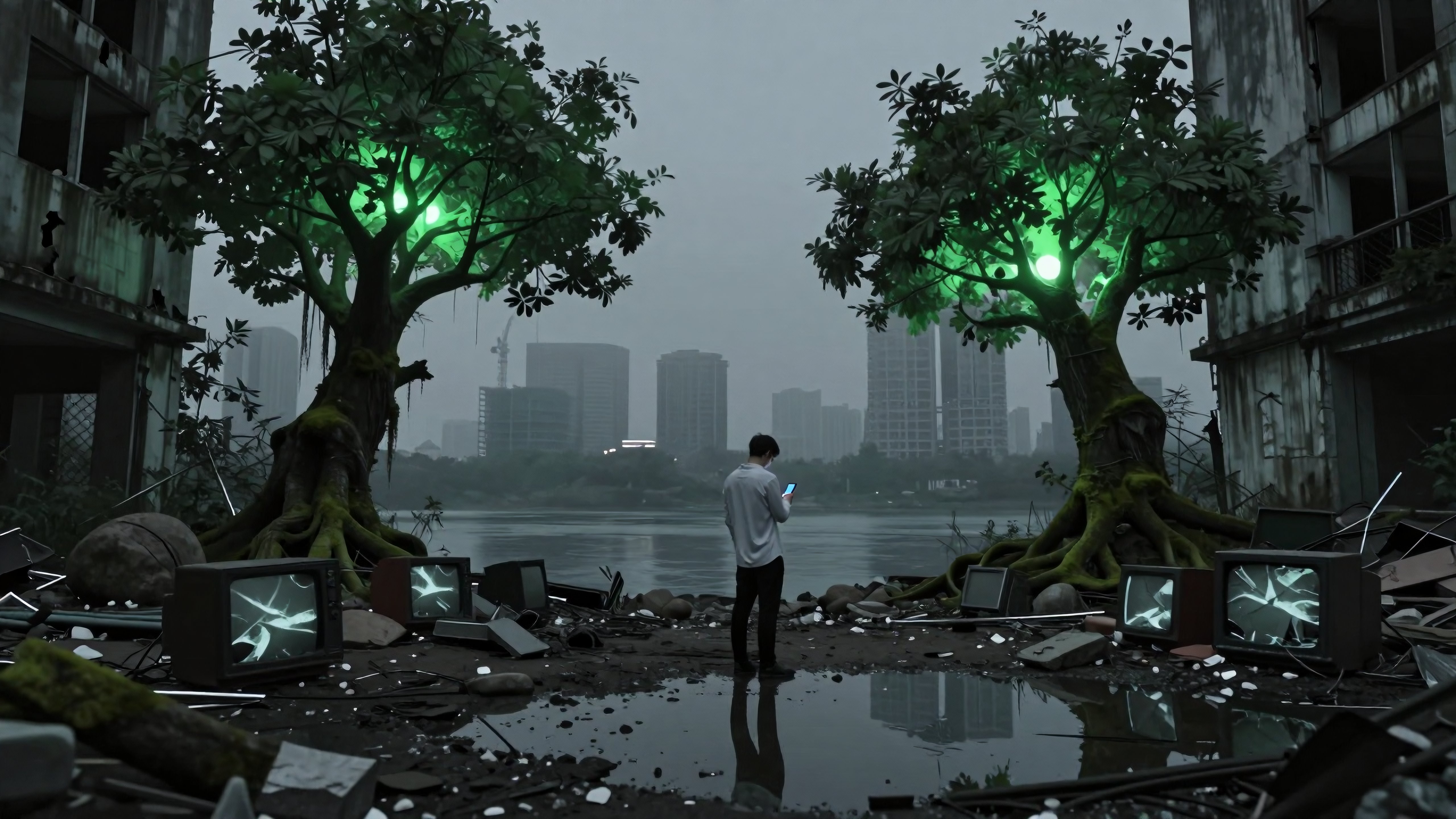 Post-Apocalyptic River Scene with Glowing Trees and Abandoned Electronics