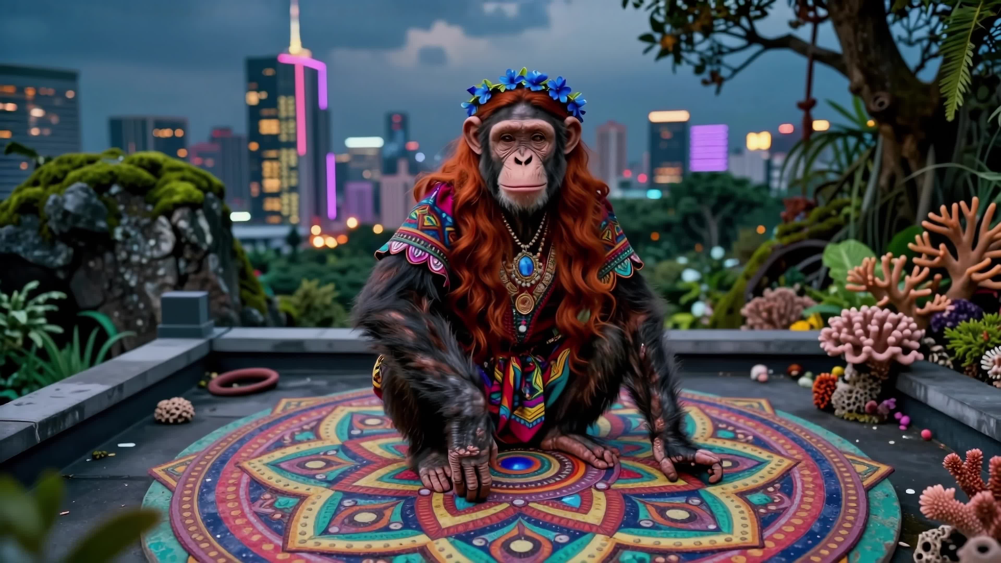 4K Video - Mystic chimp meditating amid glowing city skyline surrounded by exotic foliage.