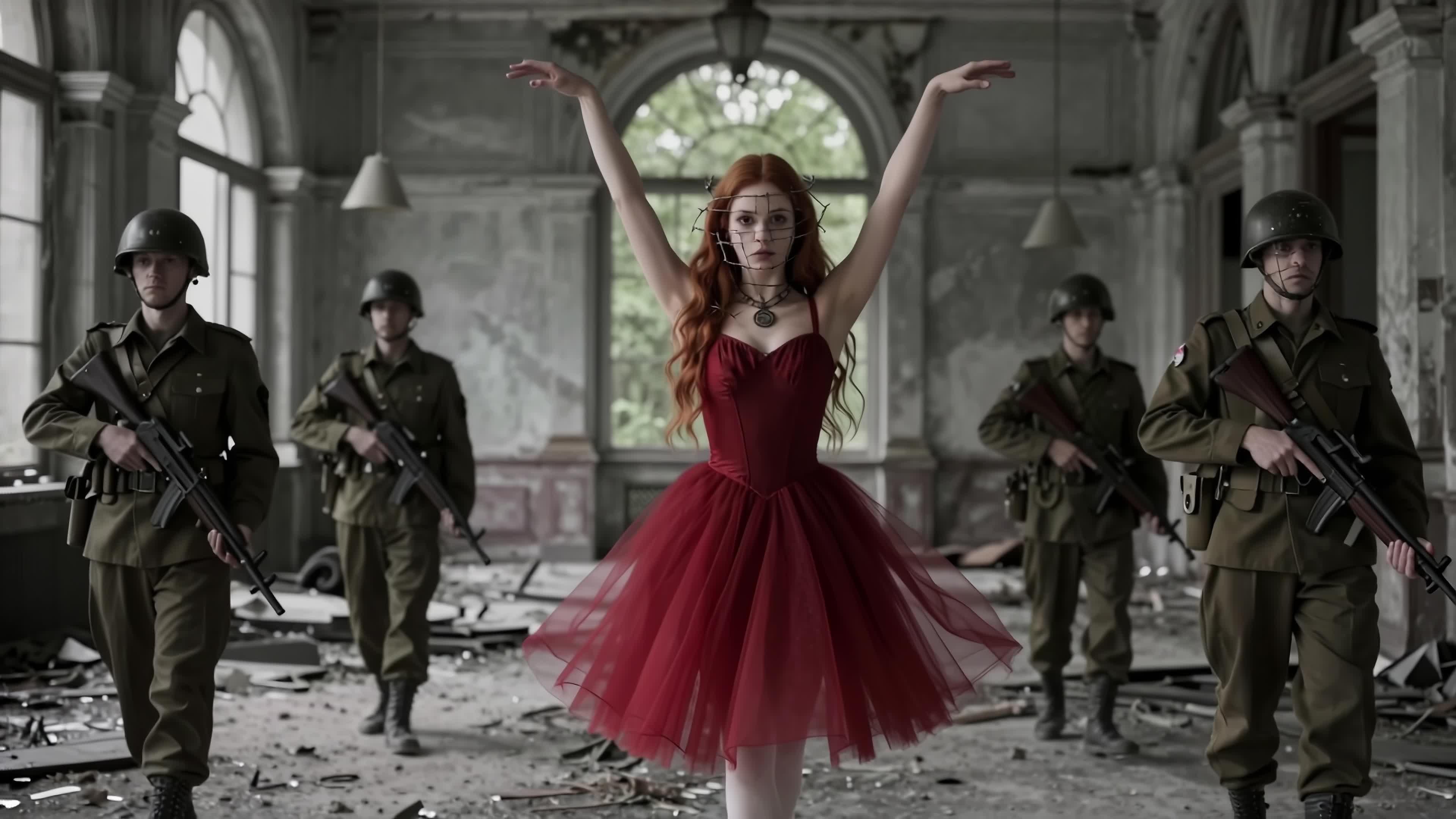 4K Video - Ballerina dances gracefully amidst armored soldiers in ruined gothic hall – striking visual fusion of art and warfare.