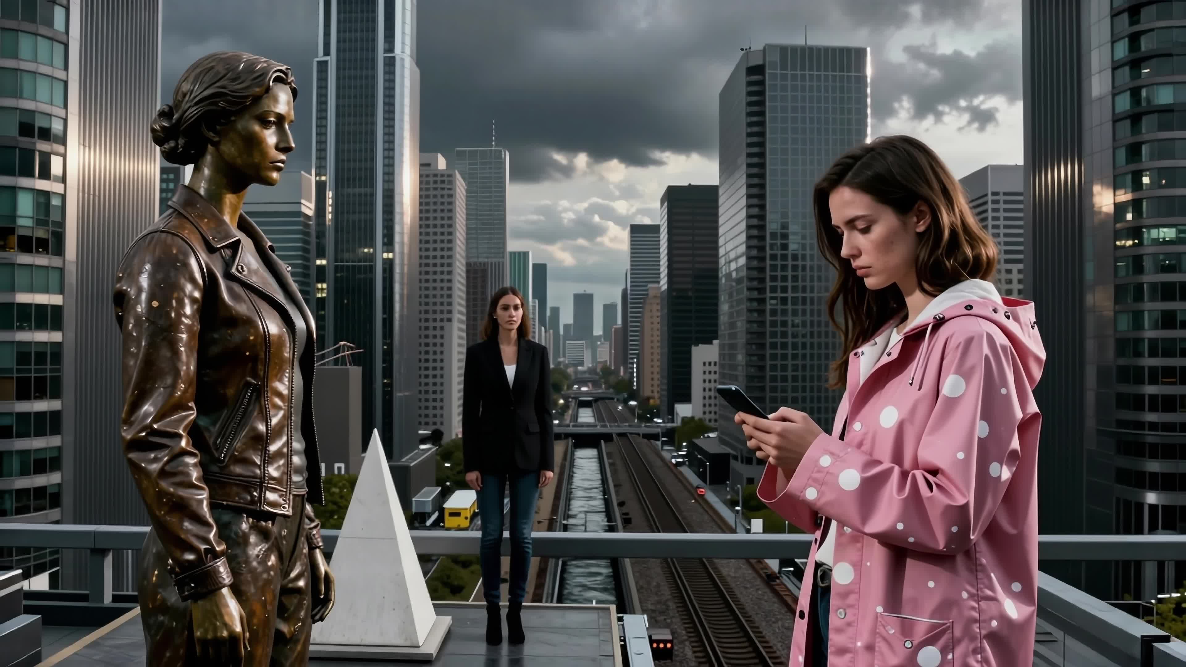 4K Video - Woman wearing pink raincoat stands next to bronze statue under grey skies overlooking busy city streets.