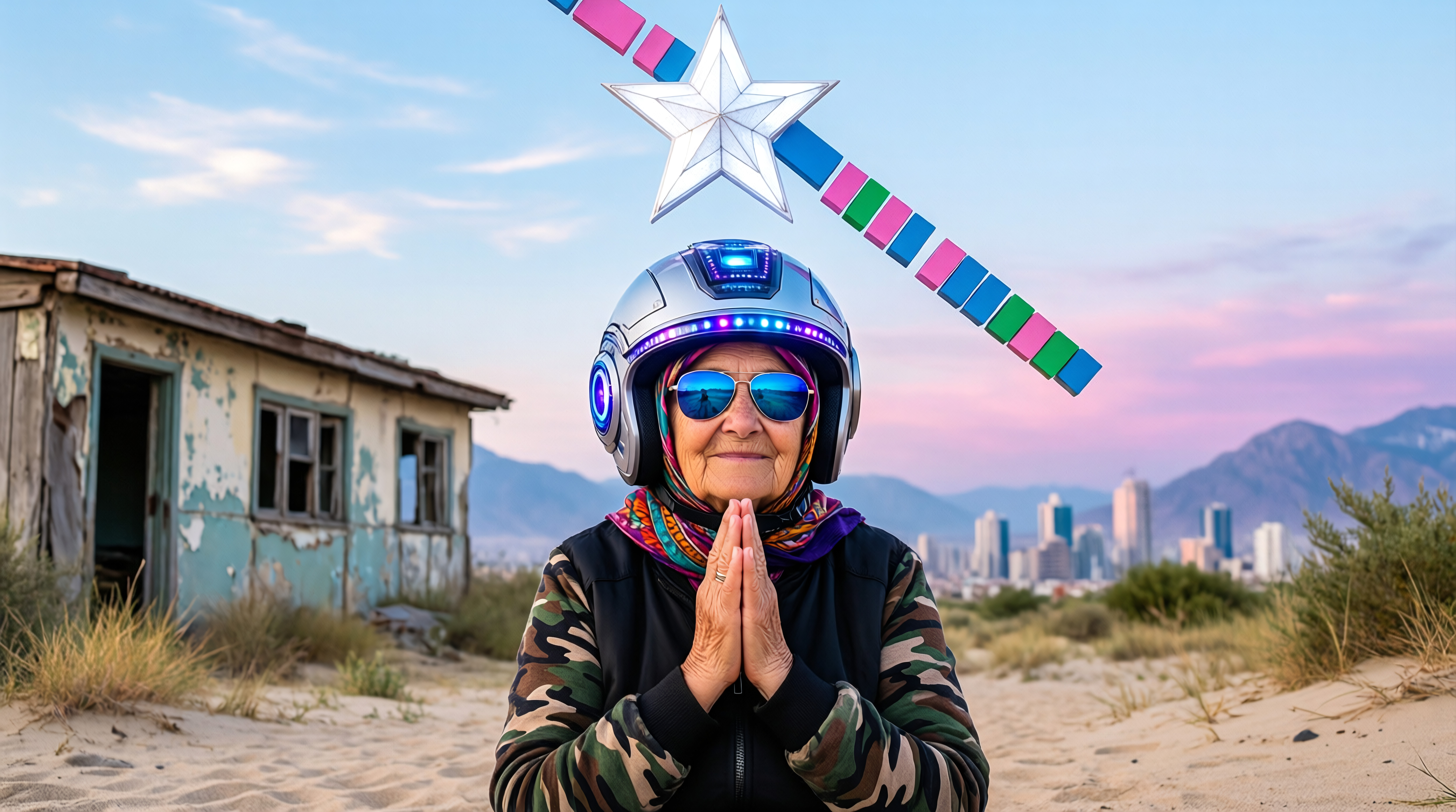 Futuristic Elderly Woman in Sci-Fi Helmet with Star and Cityscape Background