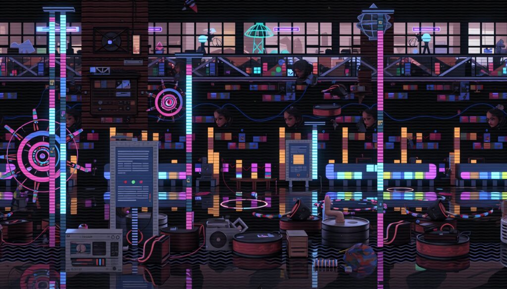 Neon-Futuristic Control Room with Floating Heads and Tech Interfaces