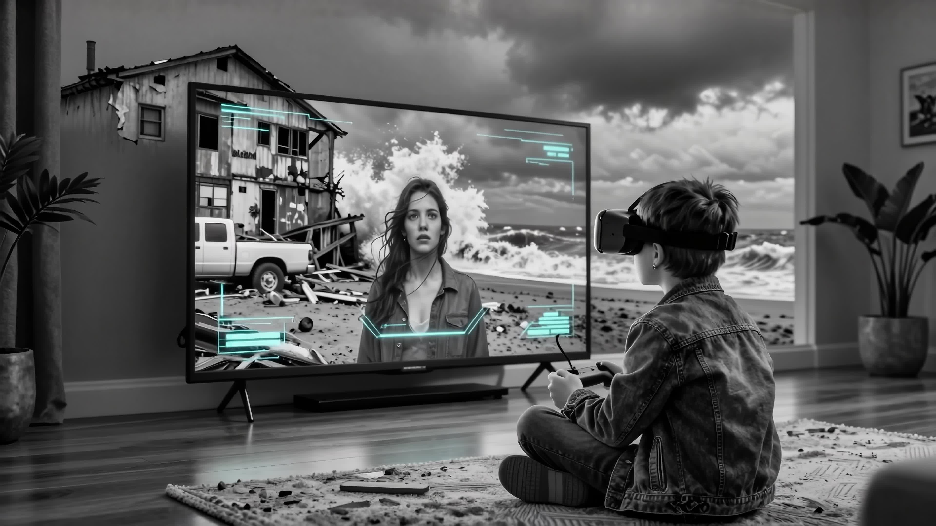 4K Video - Young gamer experiencing immersive VR adventure on large screen surrounded by indoor decor.
