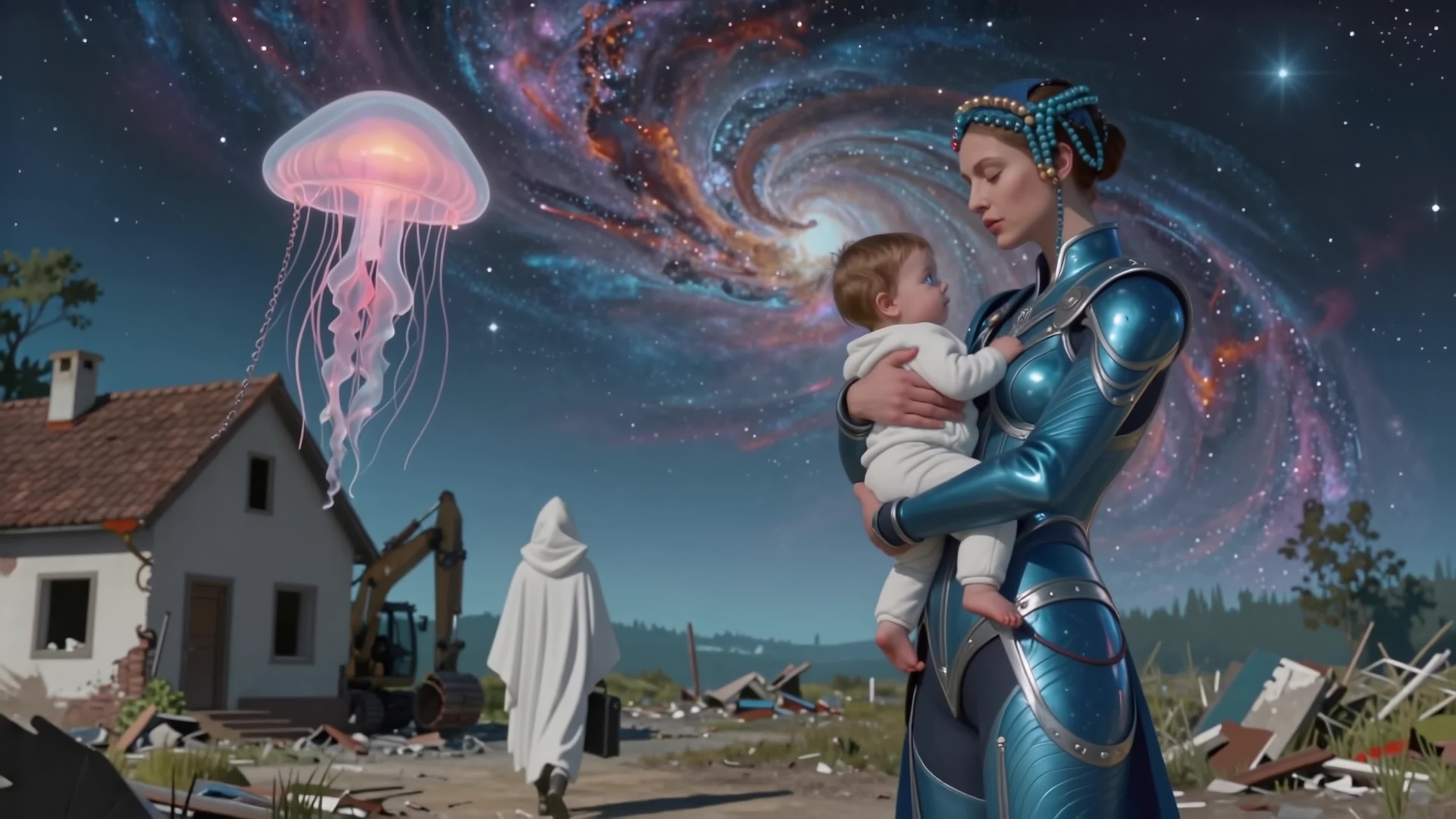 4K Video - Futuristic armored woman holding baby beneath swirling galaxy with glowing jellyfish in magical dystopian landscape.