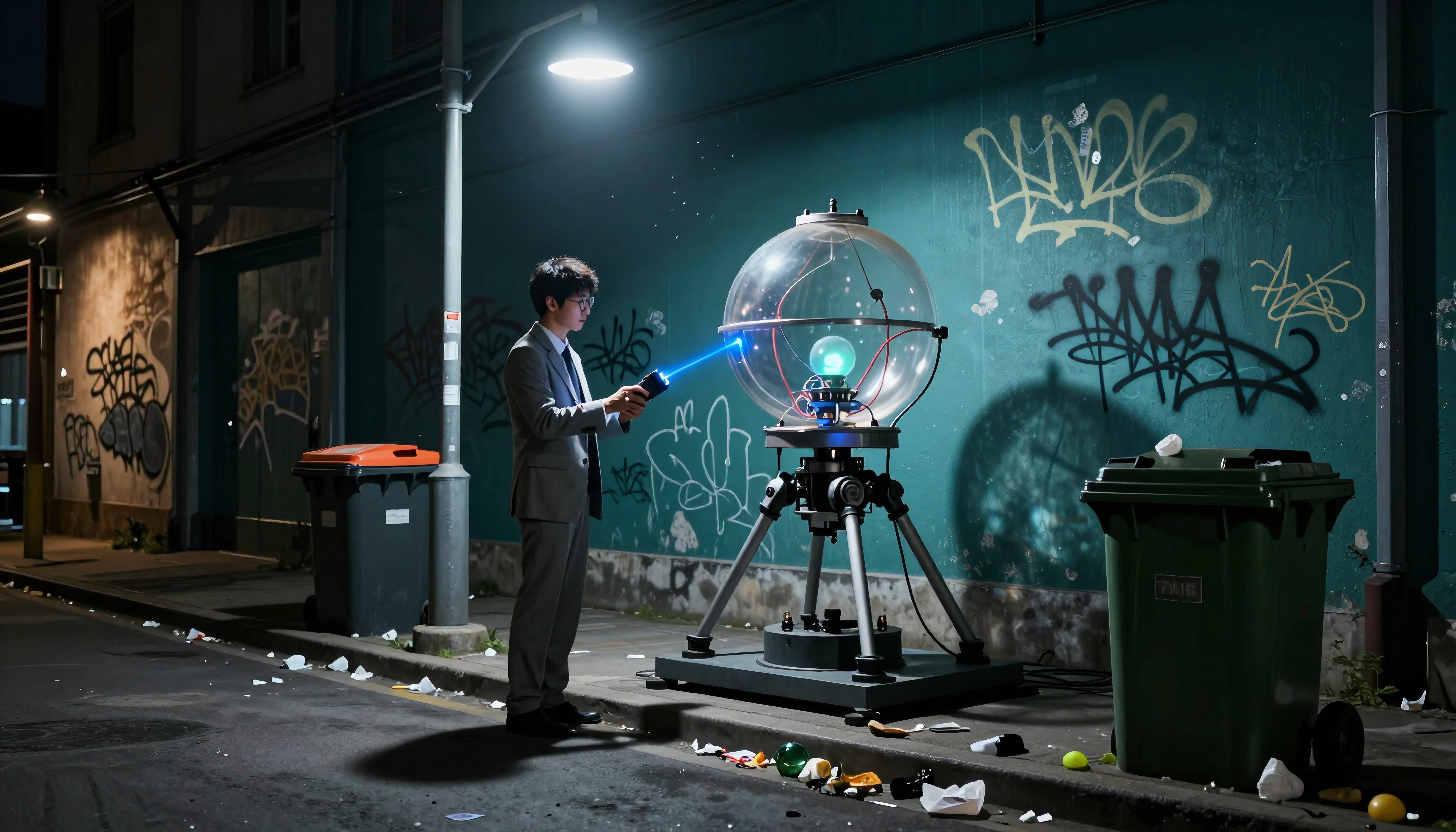 Man in business suit examining futuristic spherical device with laser pointer in urban graffiti alley at night