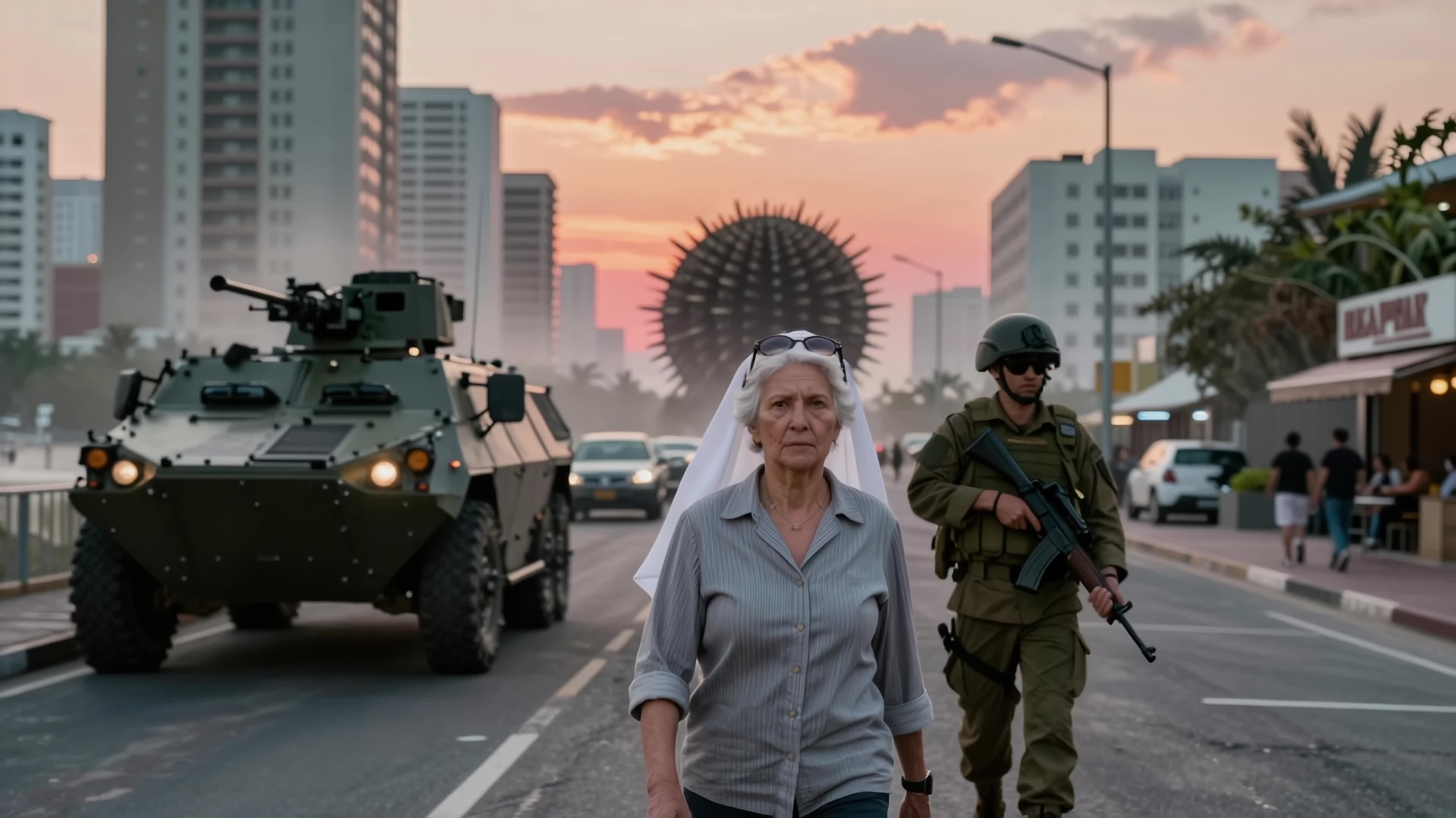 4K Video - Elderly bride walks past tanks and soldiers during golden hour sunset city stroll.