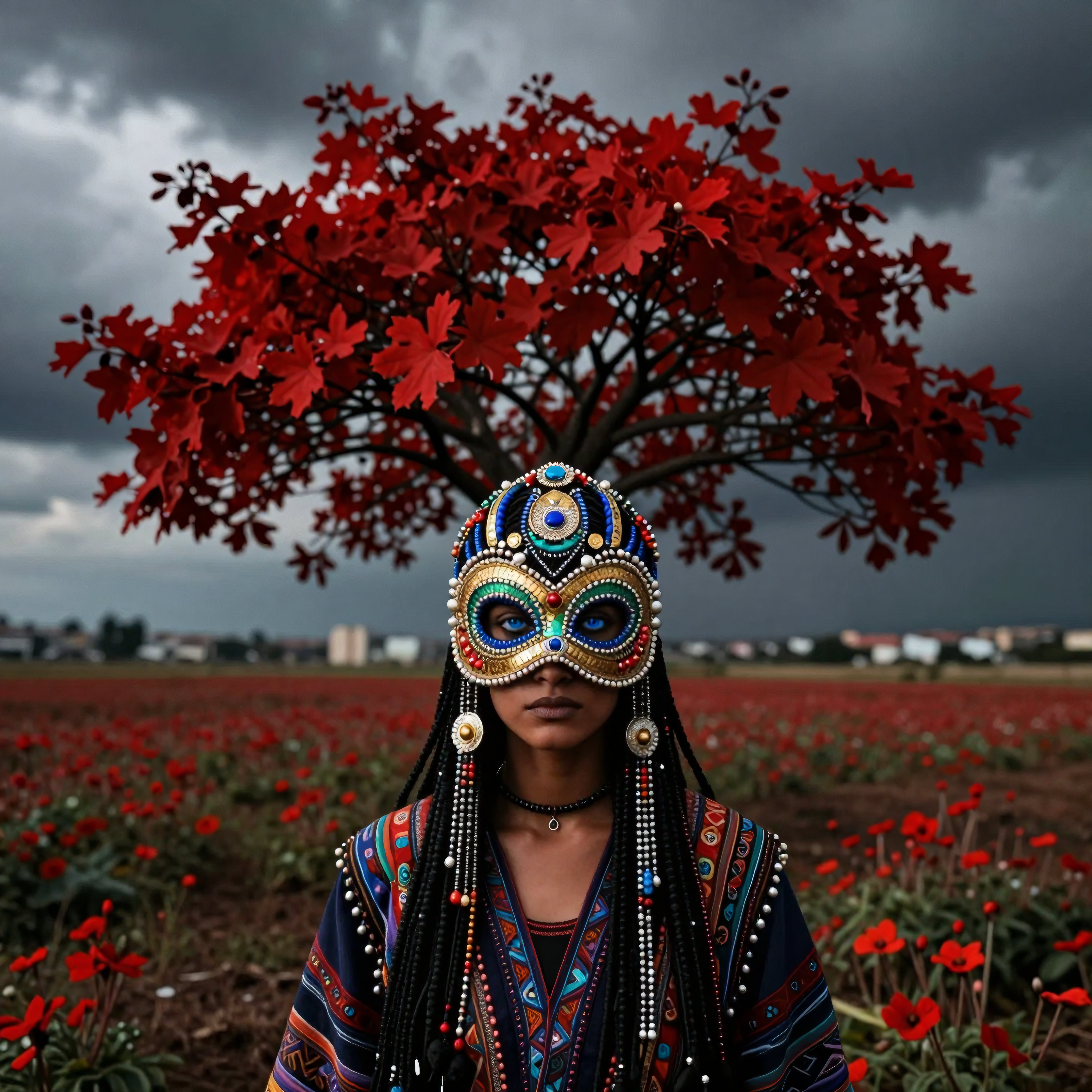 Mystical Masked Figure in Red Poppy Field Under Stormy Sky