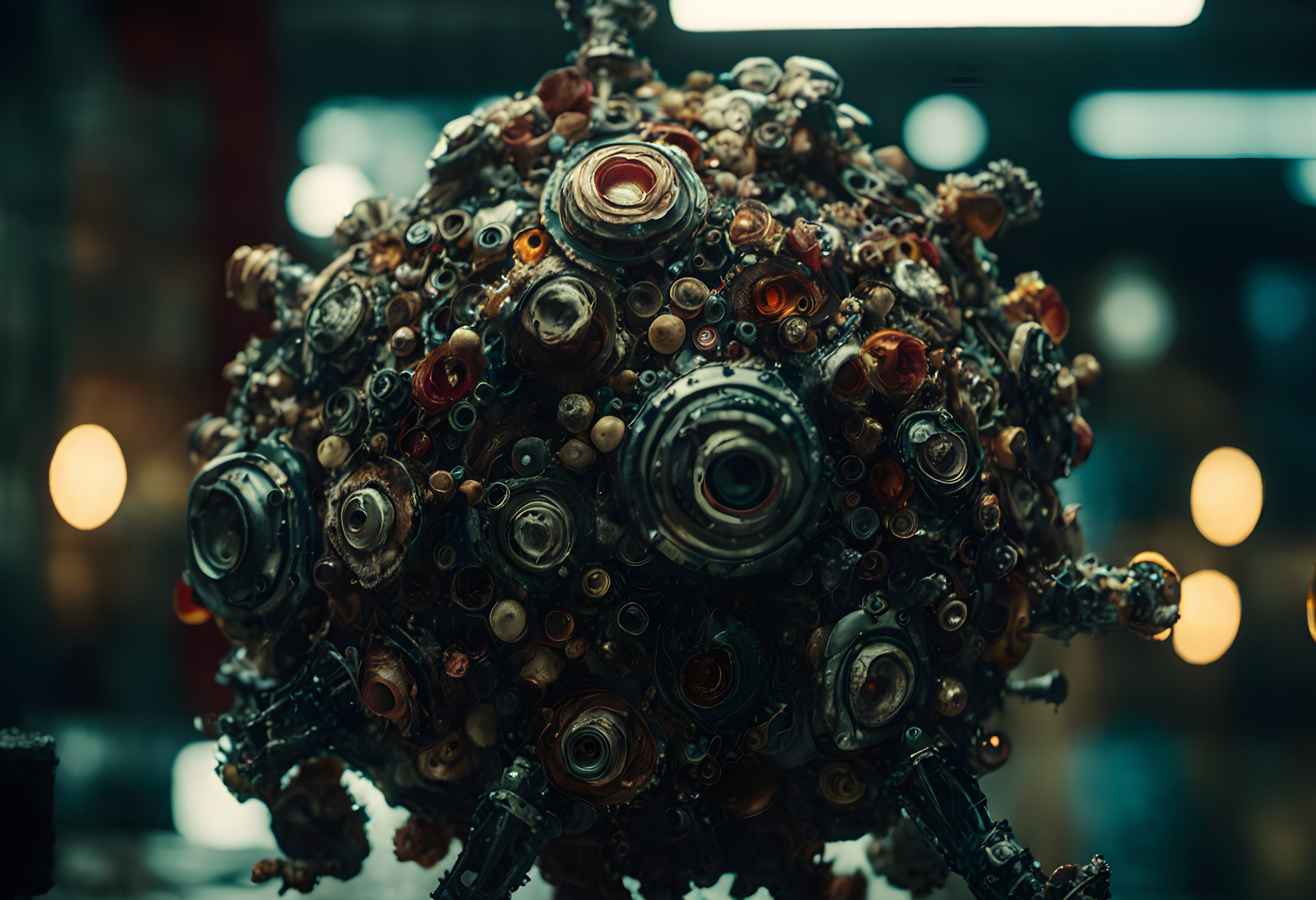 Mechanical Sphere Sculpture in Industrial Setting