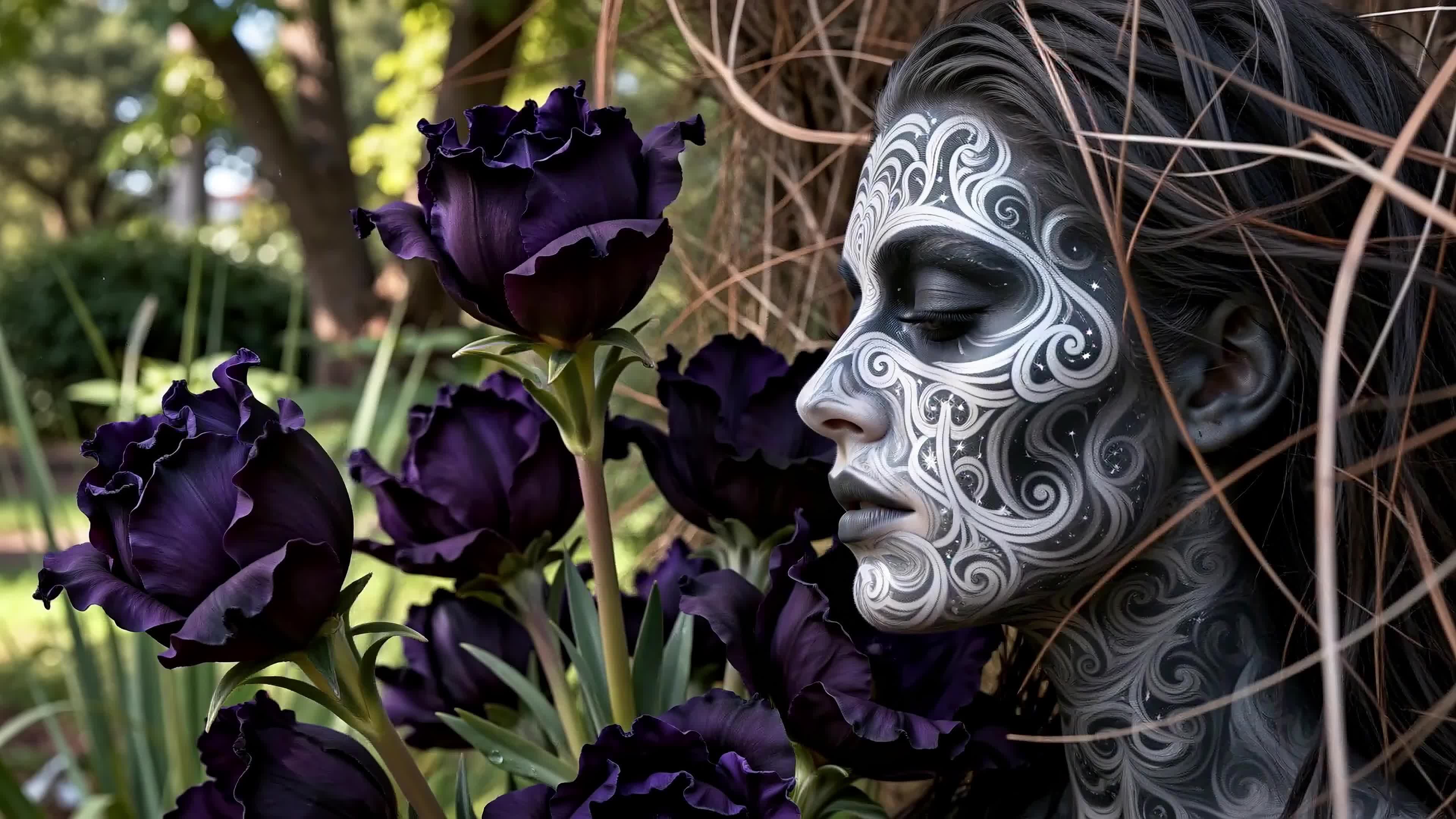 4K Video – Enchanted Goddess Amidst Purple Blooms – Artistic Portrait Fusion of Nature & Tribal Beauty.