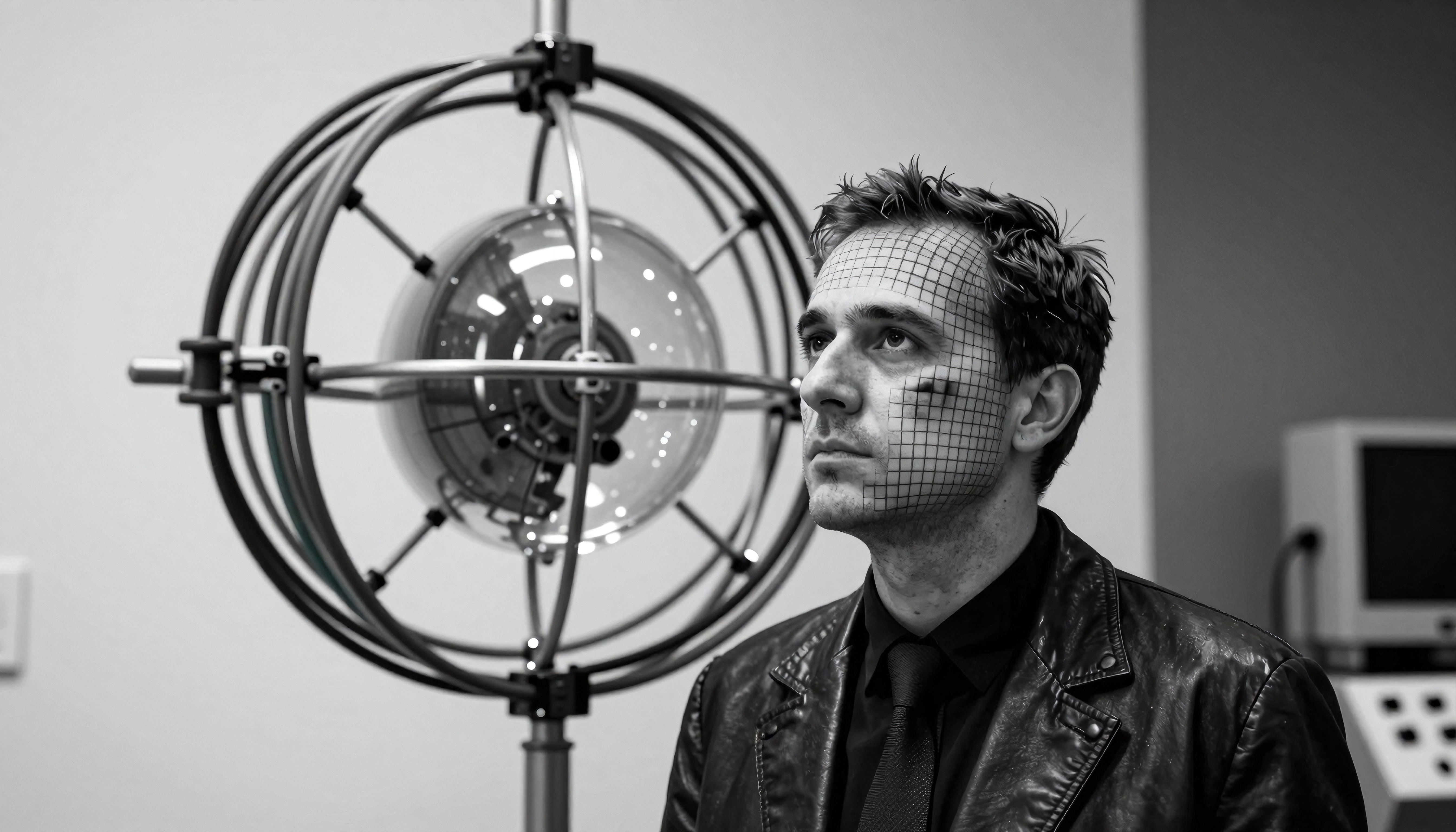 Cyberpunk Scientist with Grid-Faced Mask in Futuristic Lab