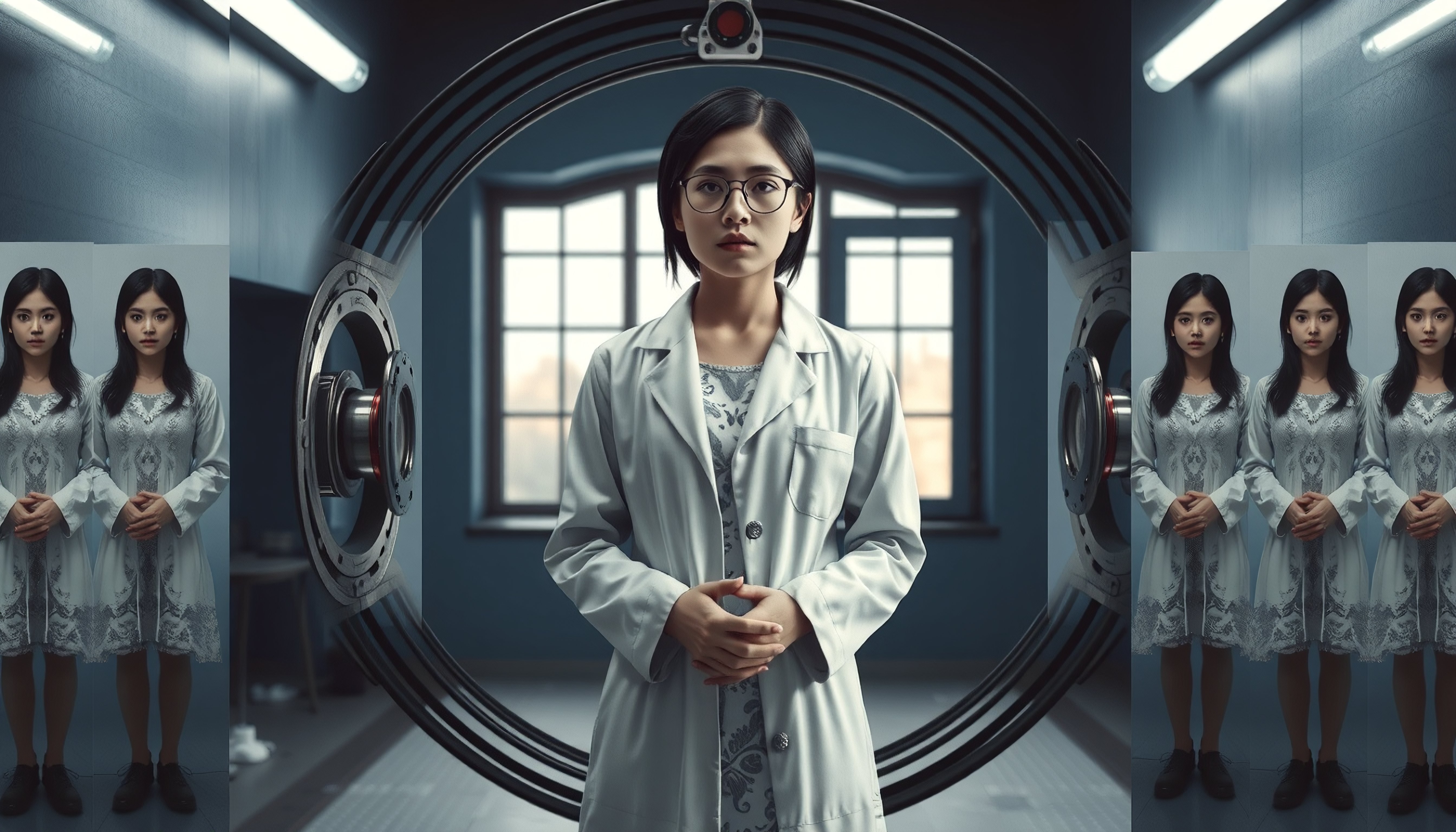 Scientist in Lab Coat Before MRI Scanner with Repeating Silhouettes