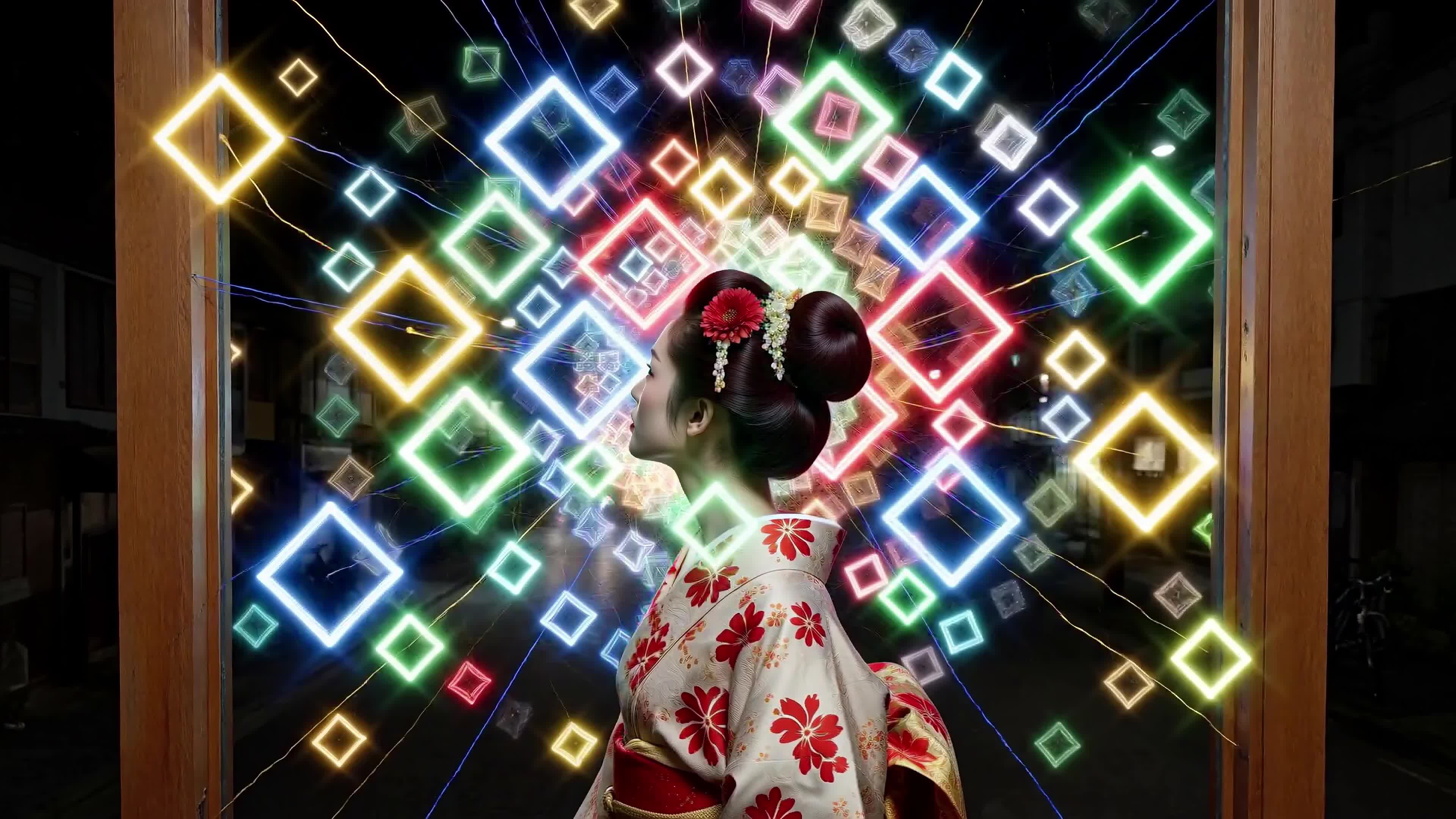 4K Video - Geisha in neon-lit kimono surrounded by glowing diamonds, blending traditional aesthetics with cyberpunk visuals.