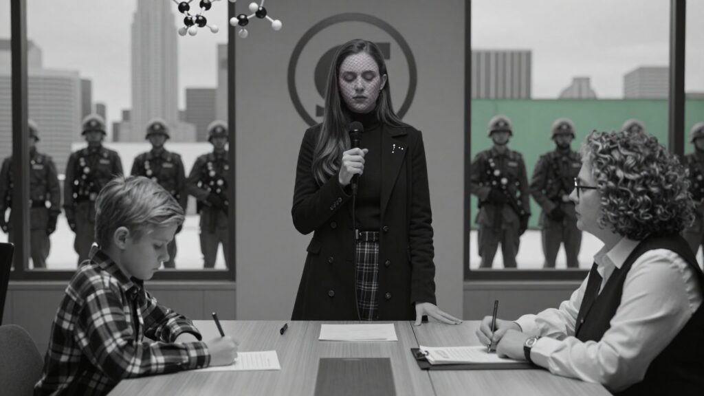 Authoritarian Meeting with Scientific Elements in Black and White