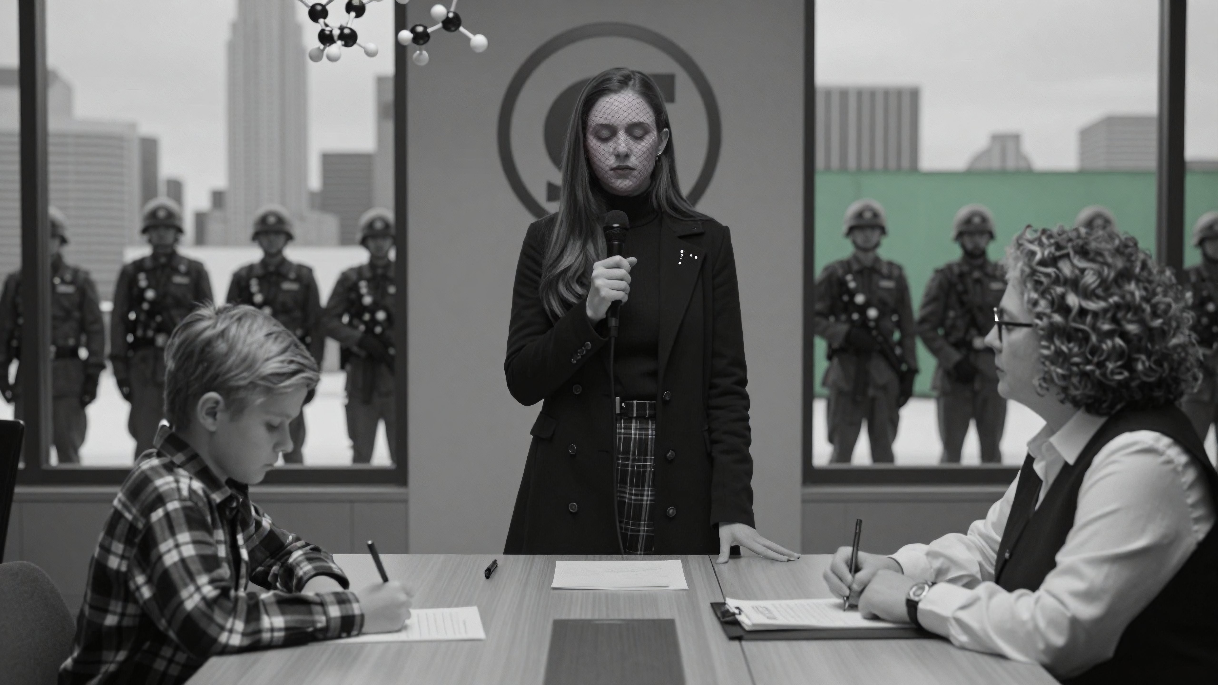 Authoritarian Meeting with Scientific Elements in Black and White