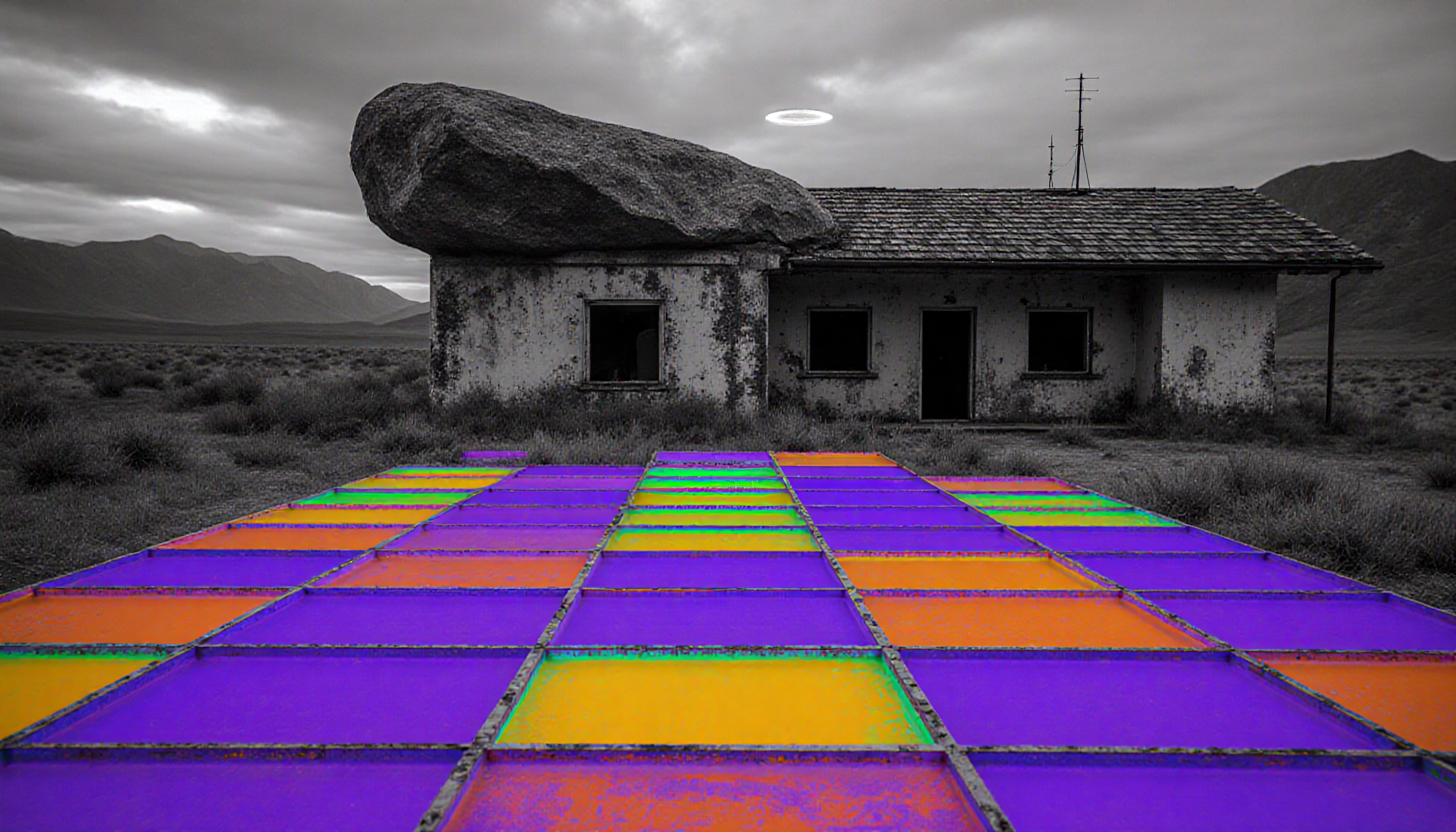 Grungy Desert Structure with Vibrant Colored Panels