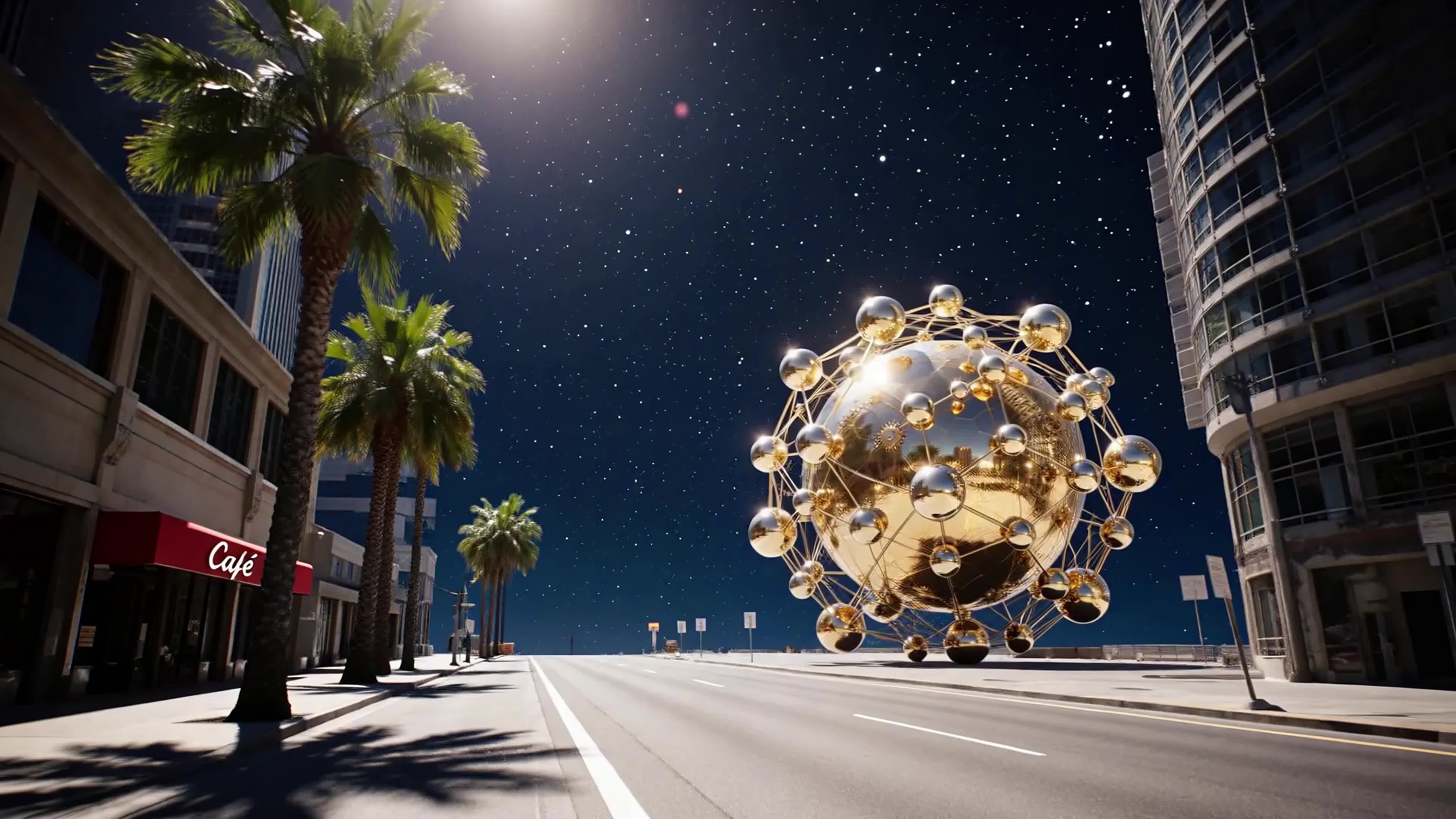 4K Video - Surreal golden atomic sculpture illuminates bustling city nightscape beneath star-studded sky.