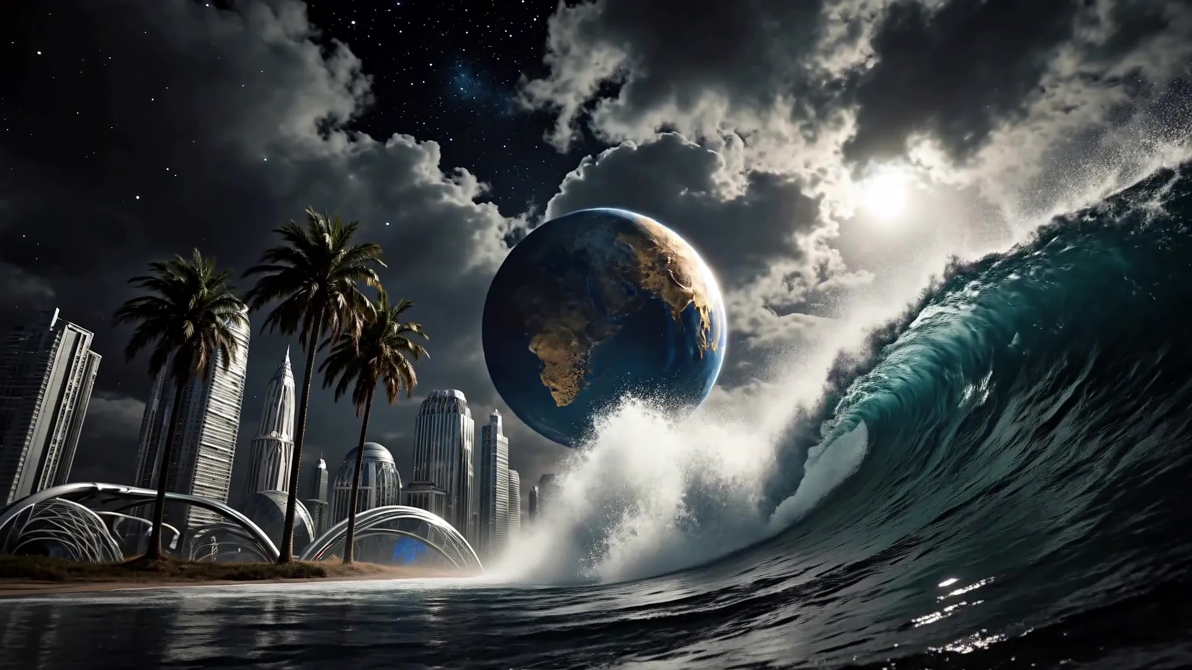 4K Video - Futuristic coastal city meets floating Earth amidst crashing waves and glowing skies.