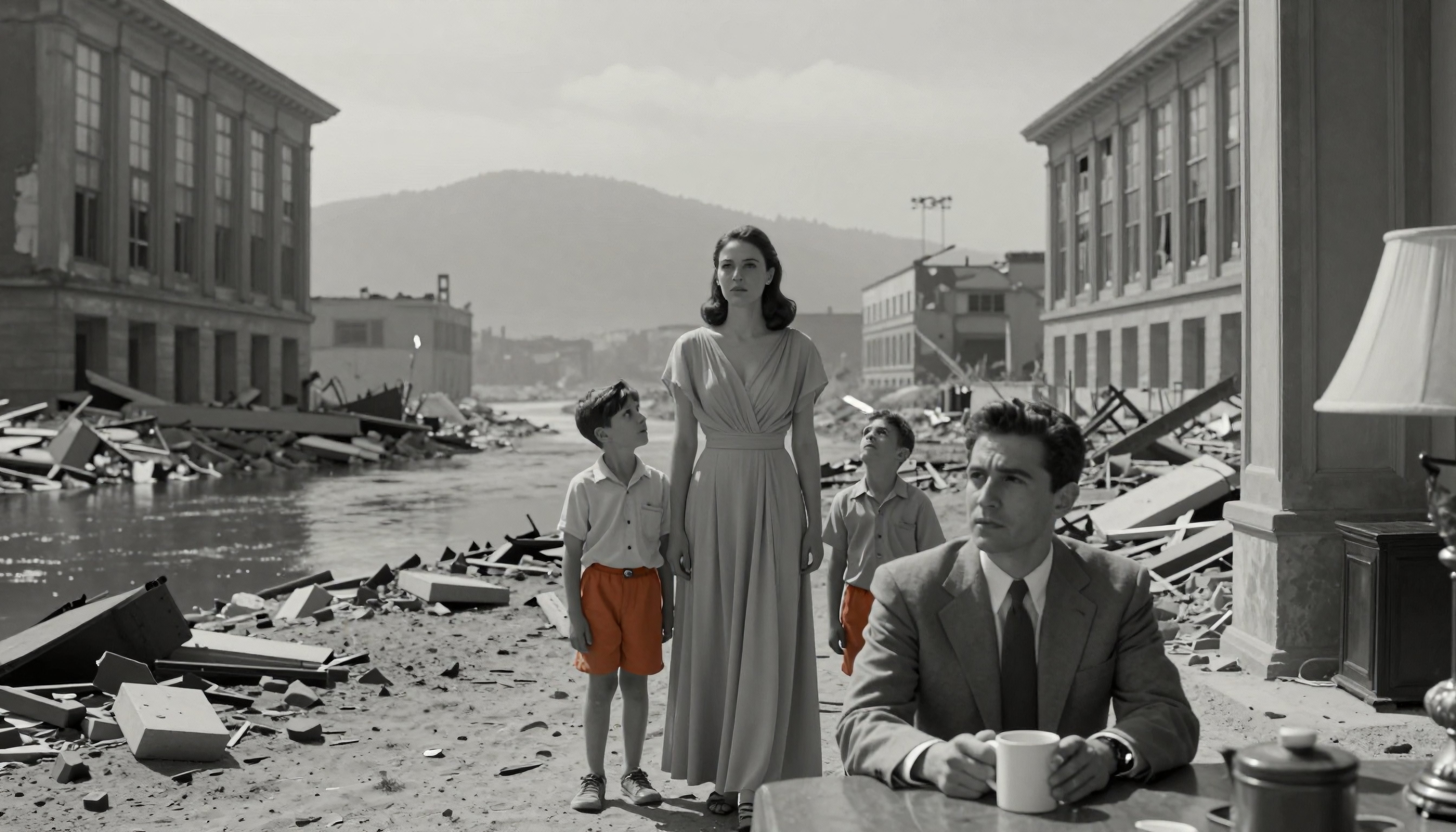 Post-Apocalyptic Family Scene in Monochrome with Selective Color