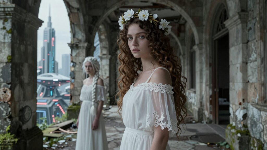Futuristic Ruins: Ethereal Women in White Amidst Sci-Fi Architecture