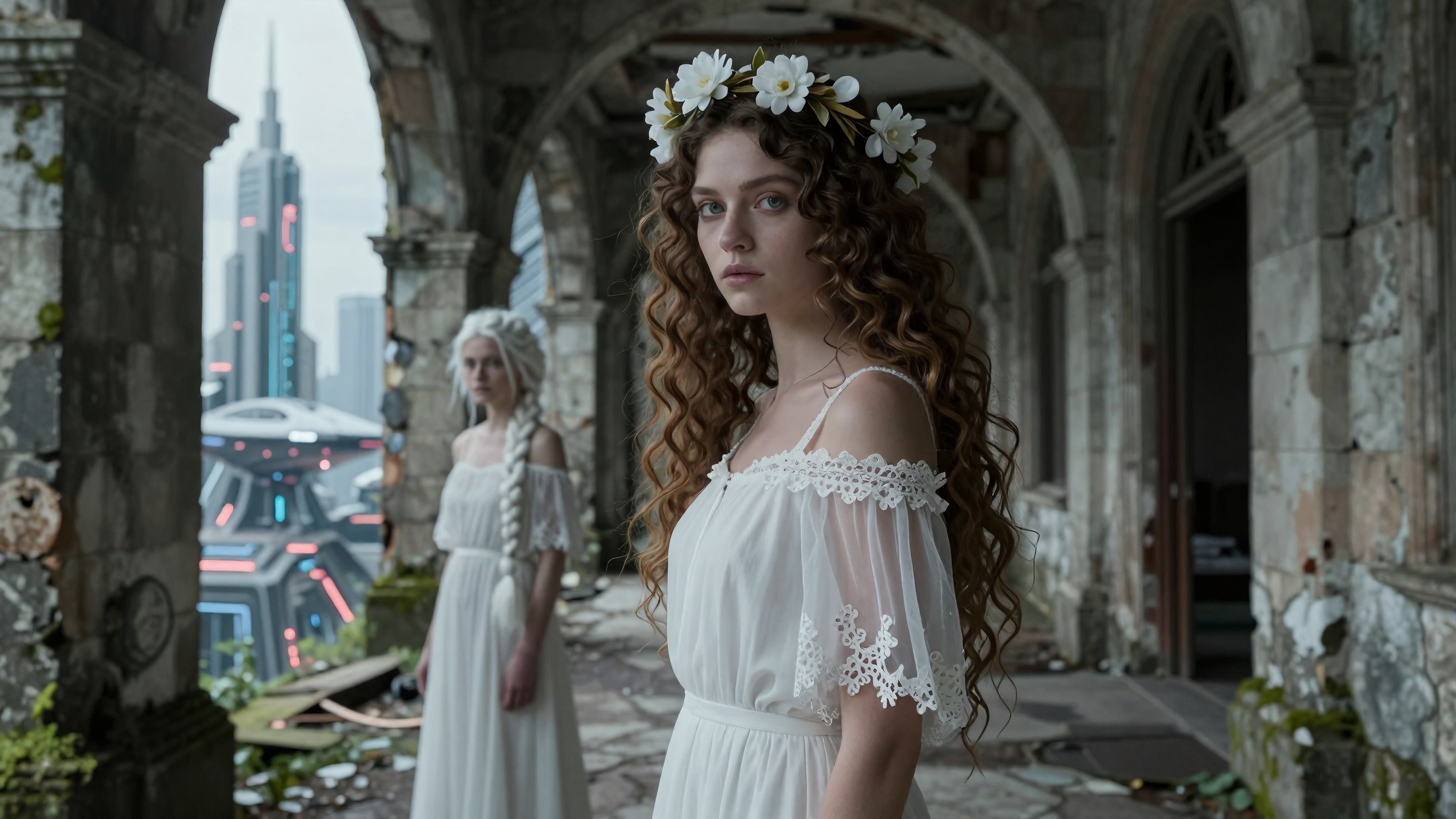 Futuristic Ruins: Ethereal Women in White Amidst Sci-Fi Architecture