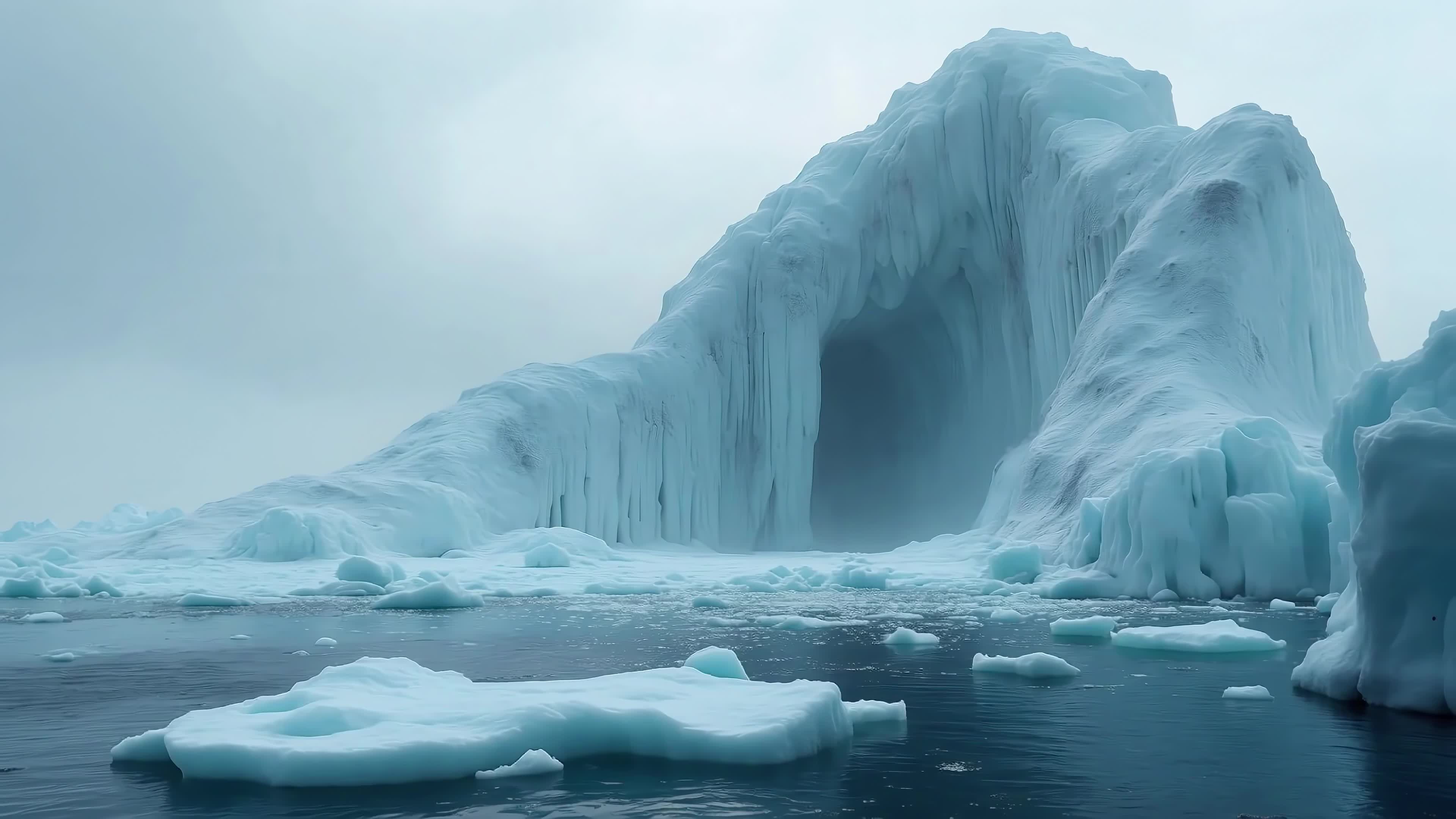 4K Video - A stunning journey deep inside a vast, luminous ice cave surrounded by floating icebergs under soft ambient sunlight — perfect for adventurous travelers seeking unparalleled photographic moments in one-of-a-kind glacial environments.