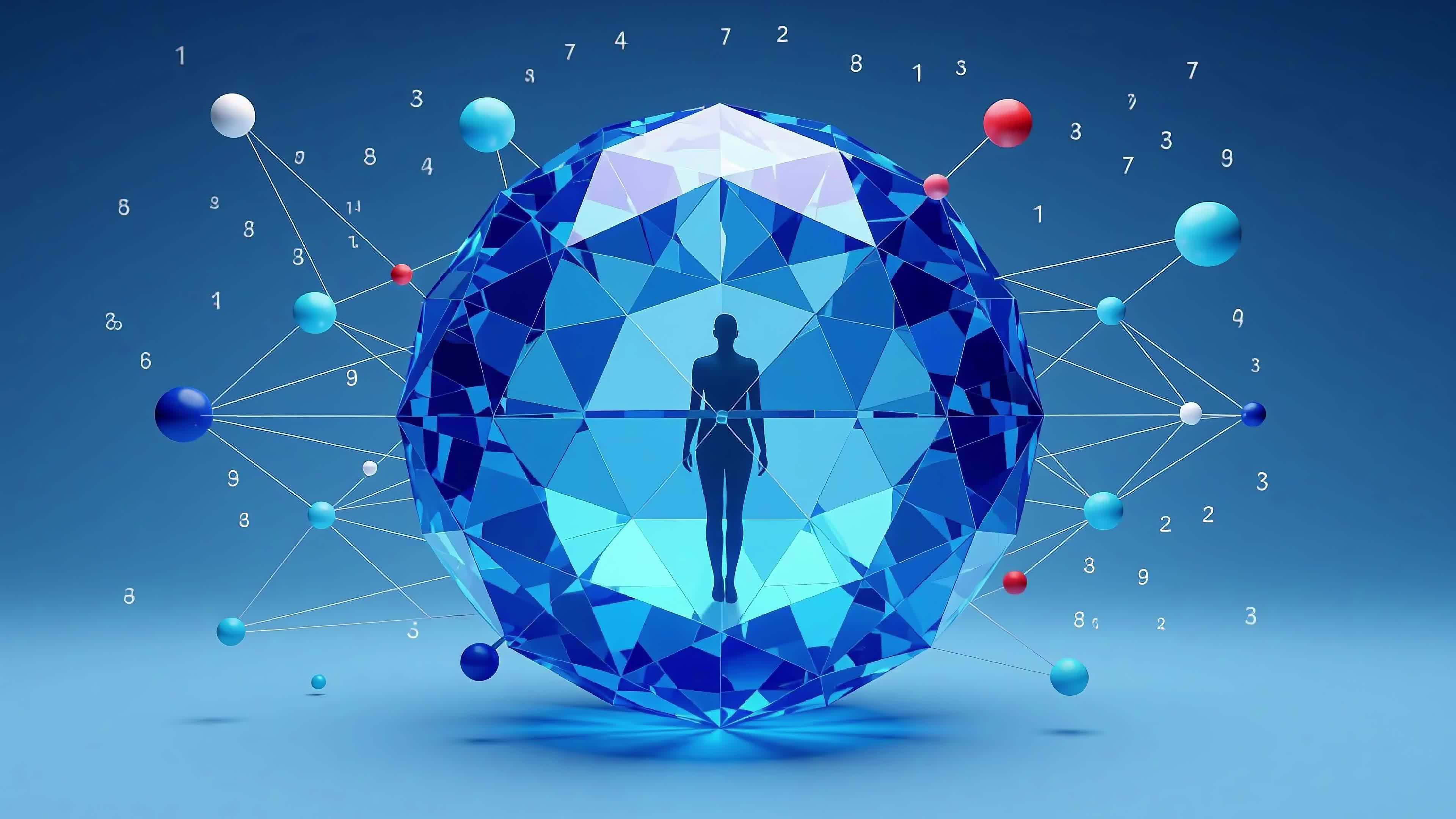 4K Video - Ethereal human figure inside radiant blue crystal sphere amidst swirling digital connections and numerical symbols representing advanced AI integration and futuristic metaphysics.