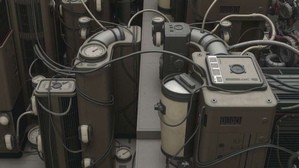 Retro-Futuristic Industrial Control Panel with Gauges and Cables