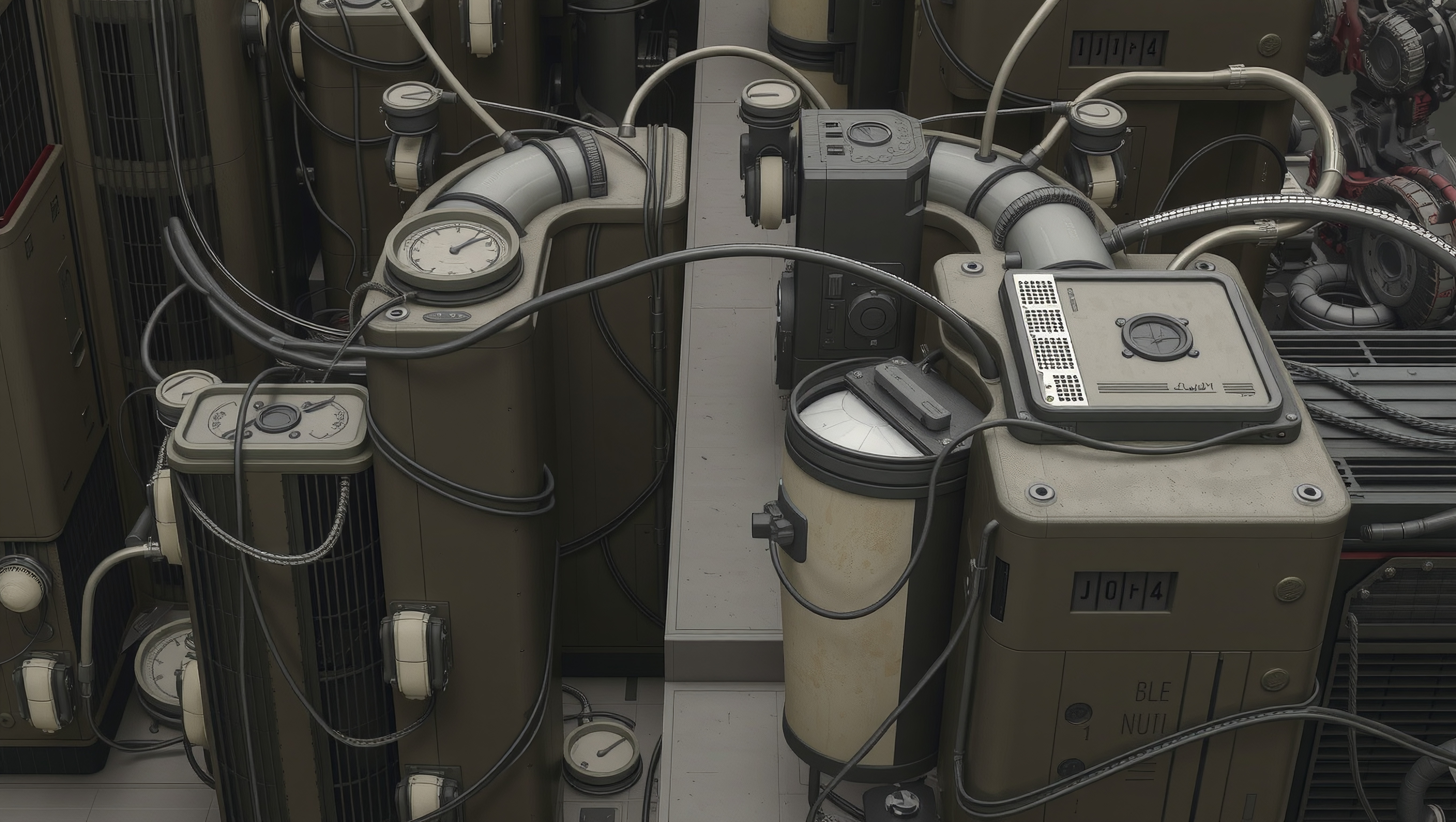 Retro-Futuristic Industrial Control Panel with Gauges and Cables
