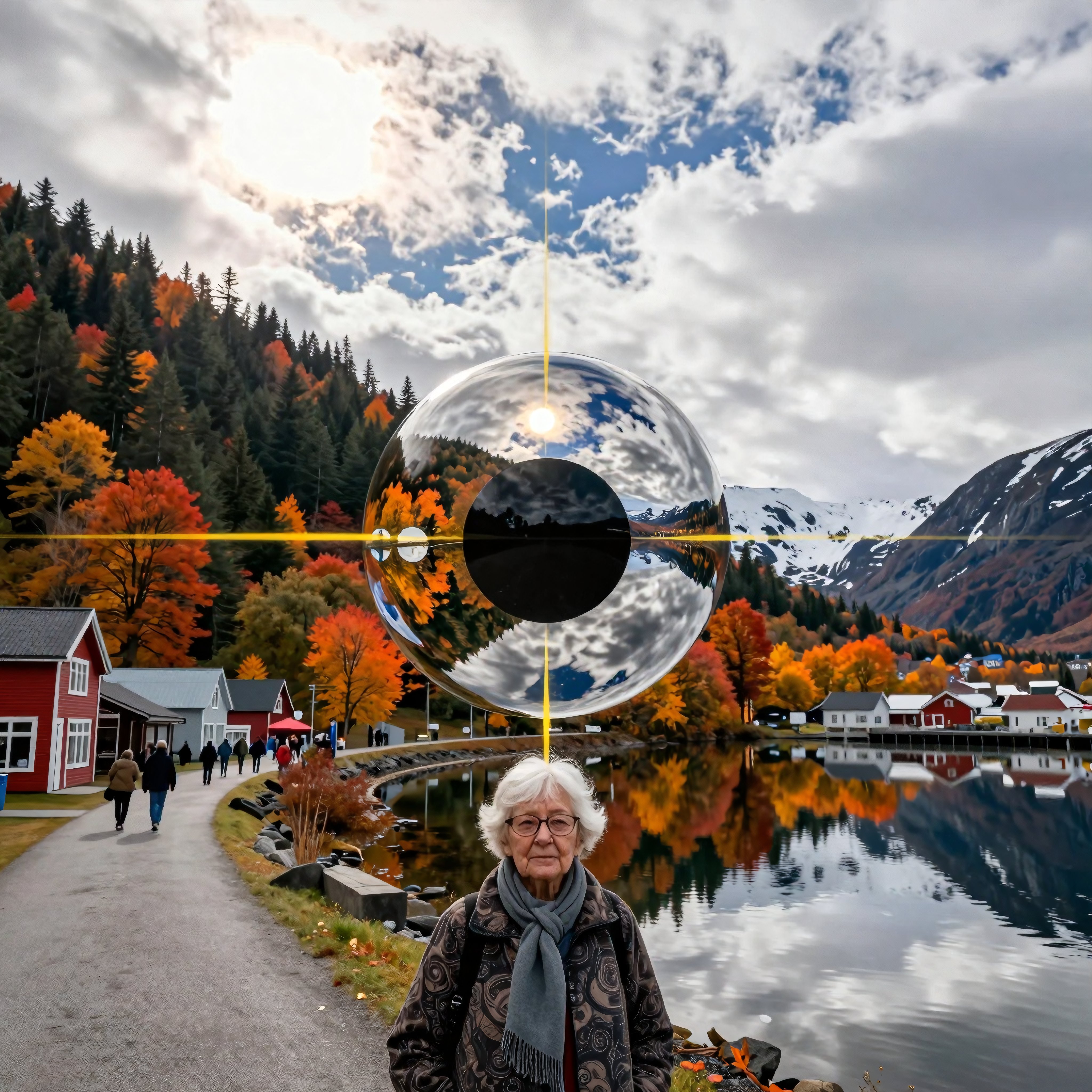 Elderly Woman with Reflective Sphere in Autumnal Landscape